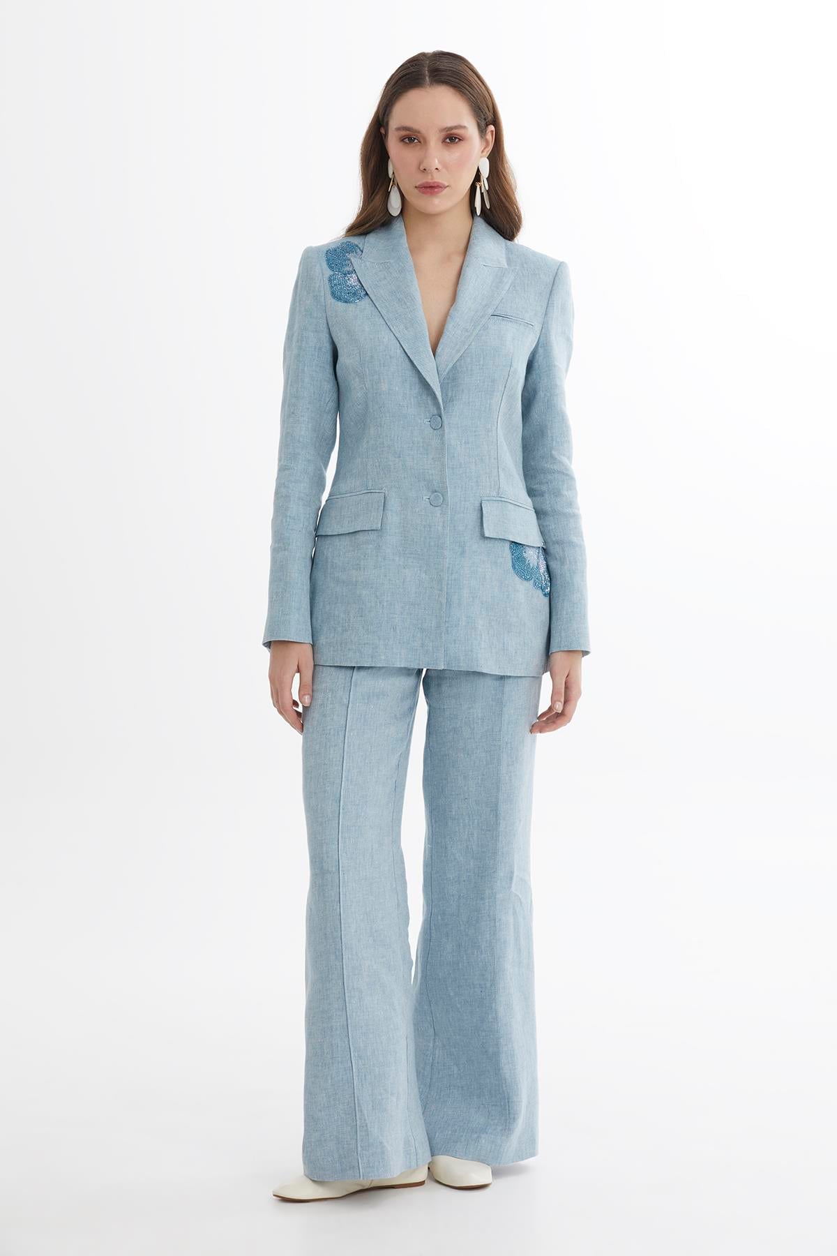 Blue Beaded Floral Appliqué Linen Jacket