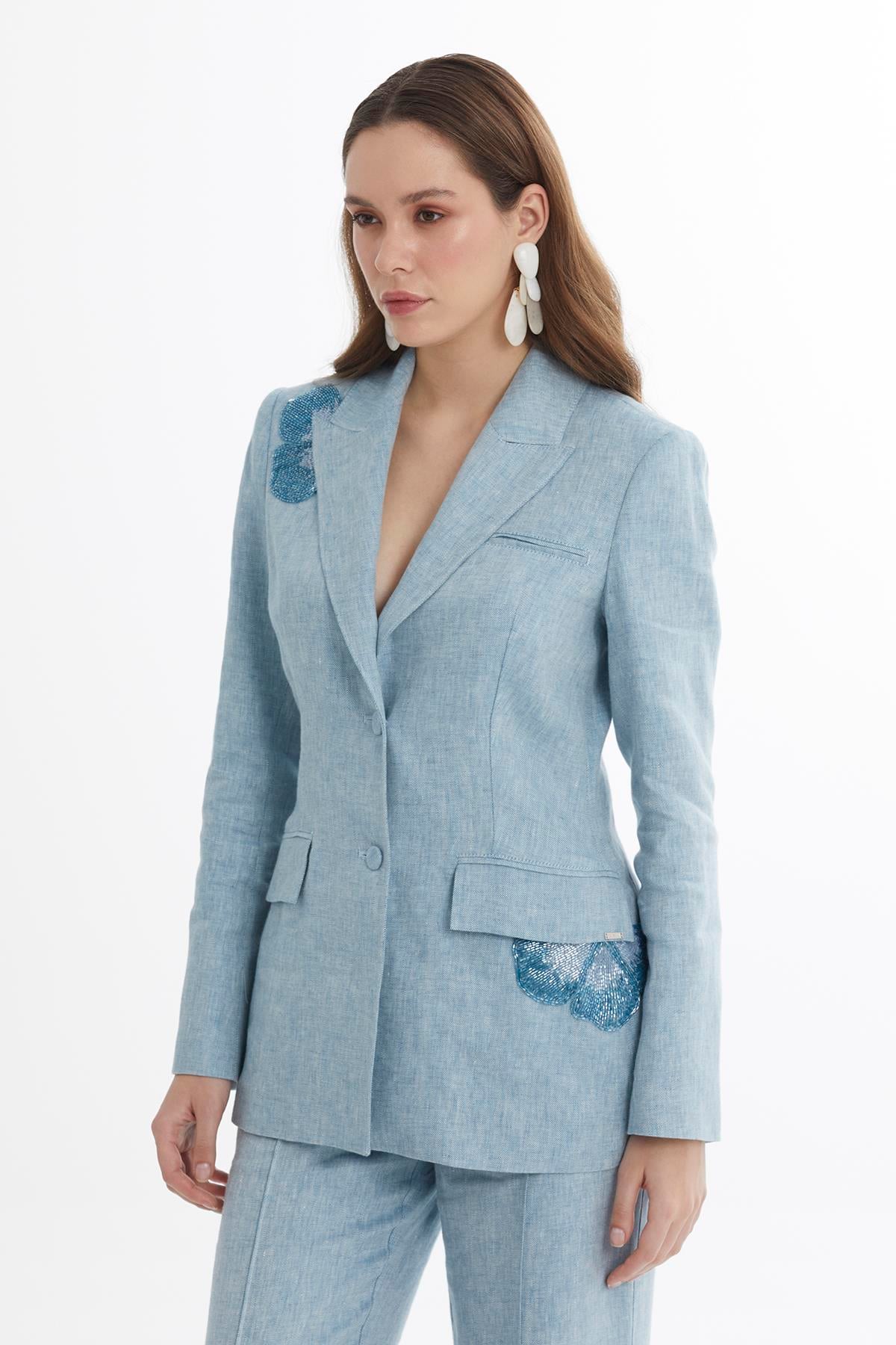 Blue Beaded Floral Appliqué Linen Jacket