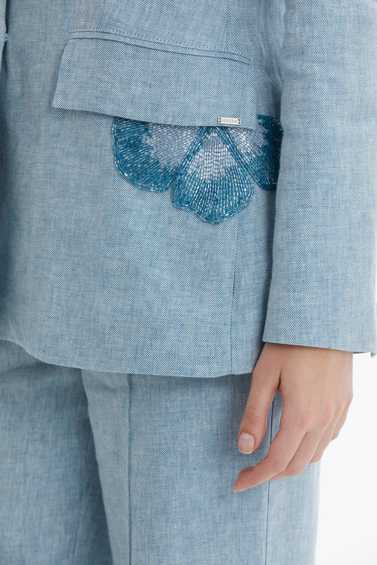 Blue Beaded Floral Appliqué Linen Jacket