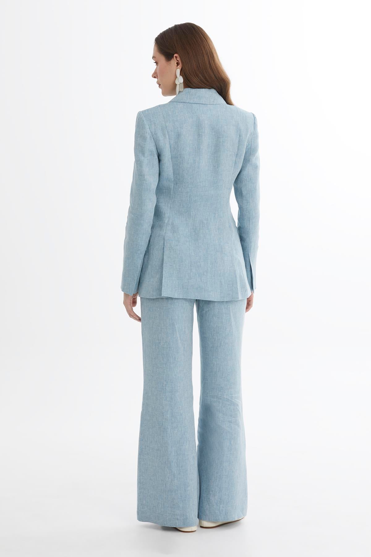 Blue Beaded Floral Appliqué Linen Jacket