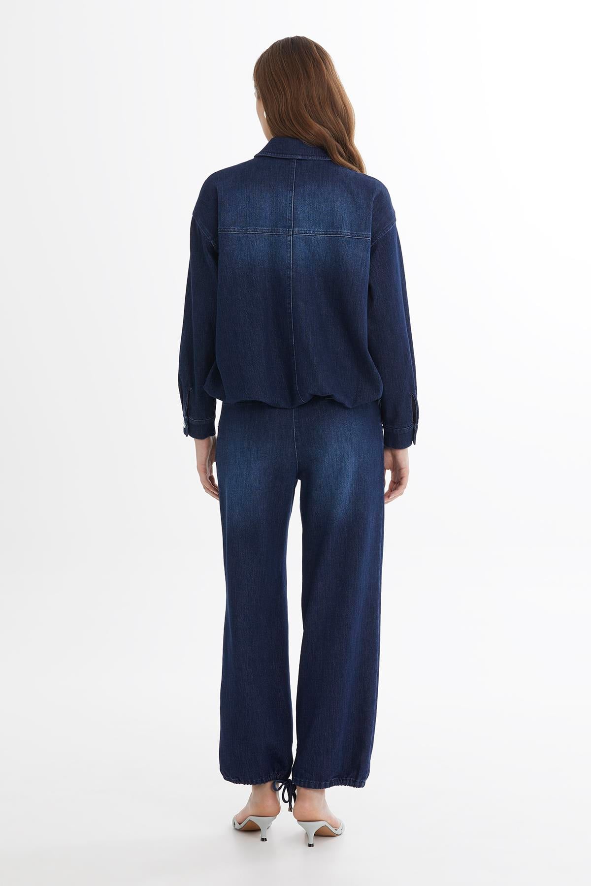 İşleme Detaylı Düğmeli Denim Ceket