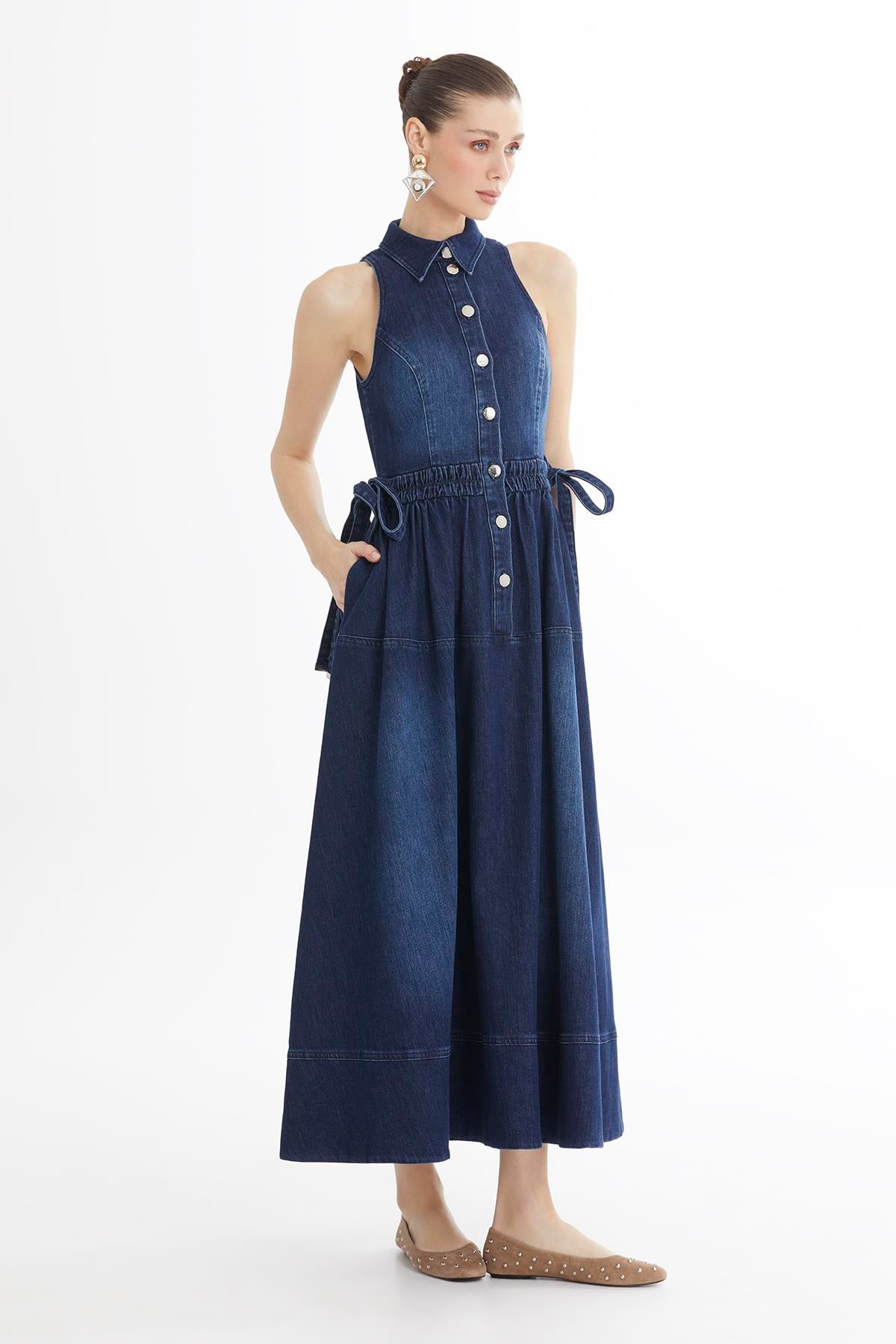 Blue Gathered Waist Sleeveless Denim Midi Dress