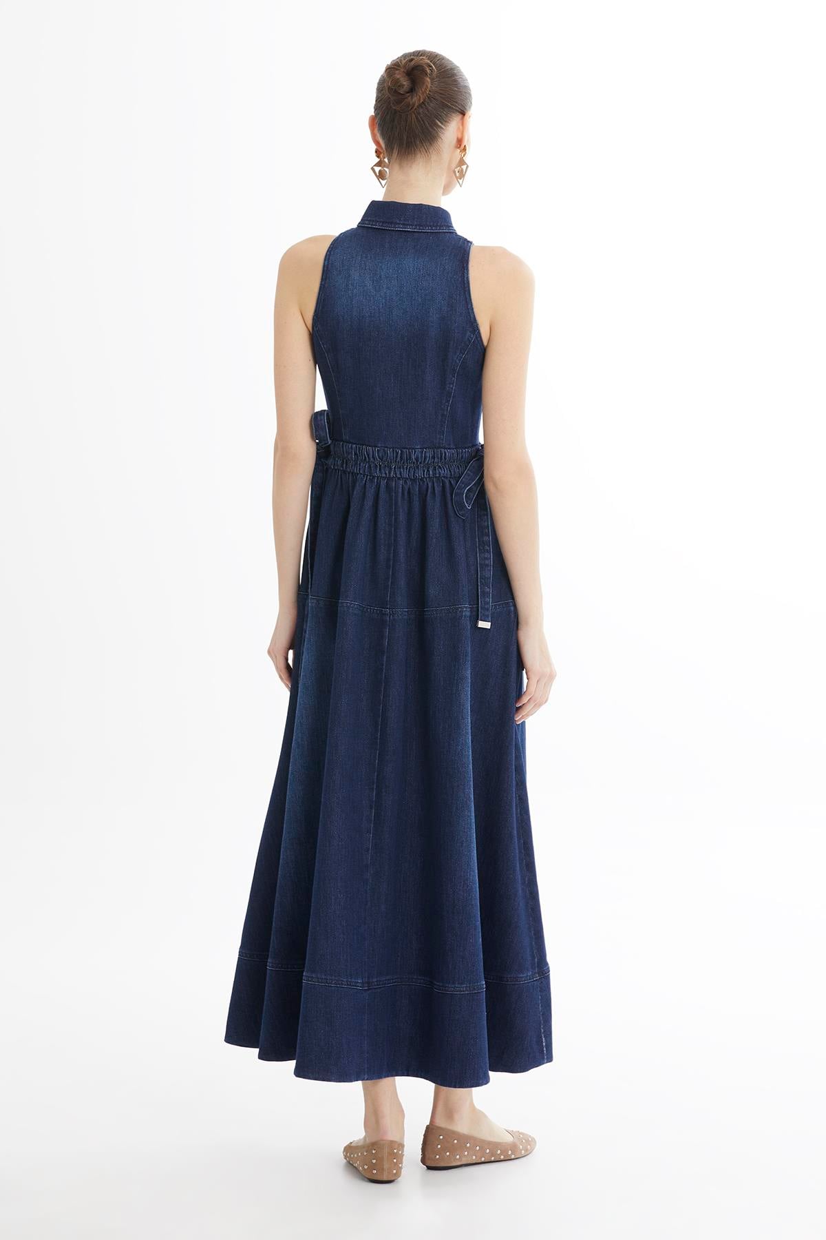 Blue Gathered Waist Sleeveless Denim Midi Dress