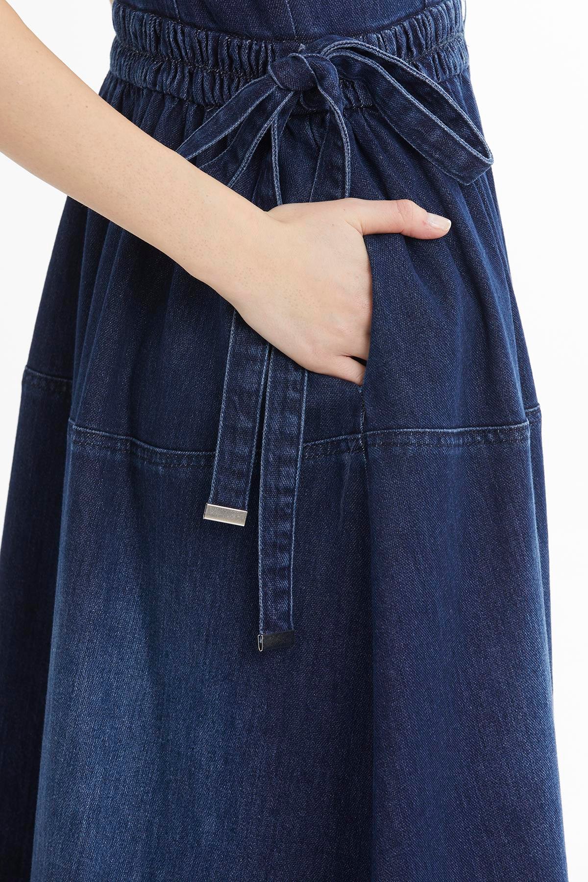 Blue Gathered Waist Sleeveless Denim Midi Dress
