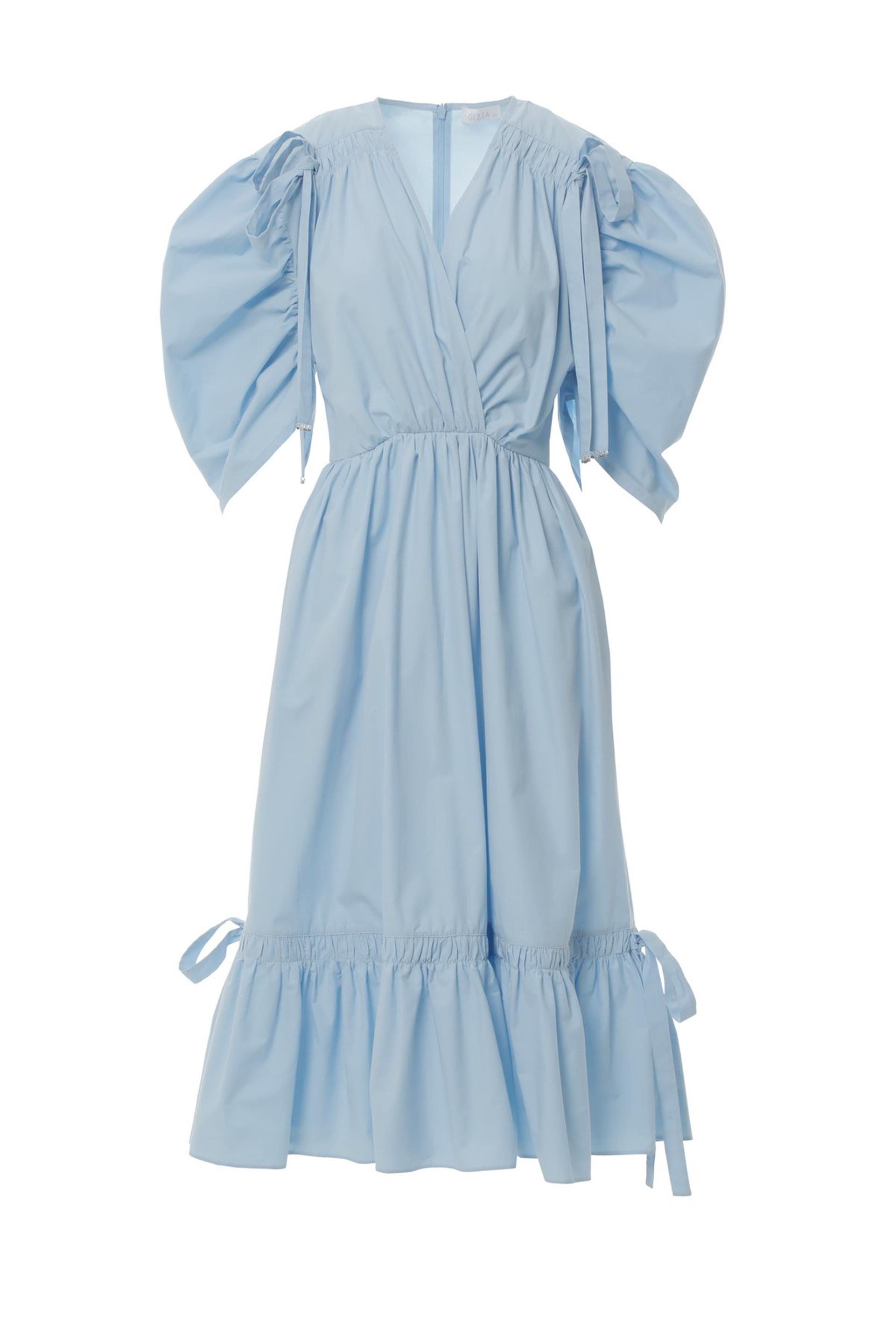 Boncuk İşlemeli Mavi Midi Elbise