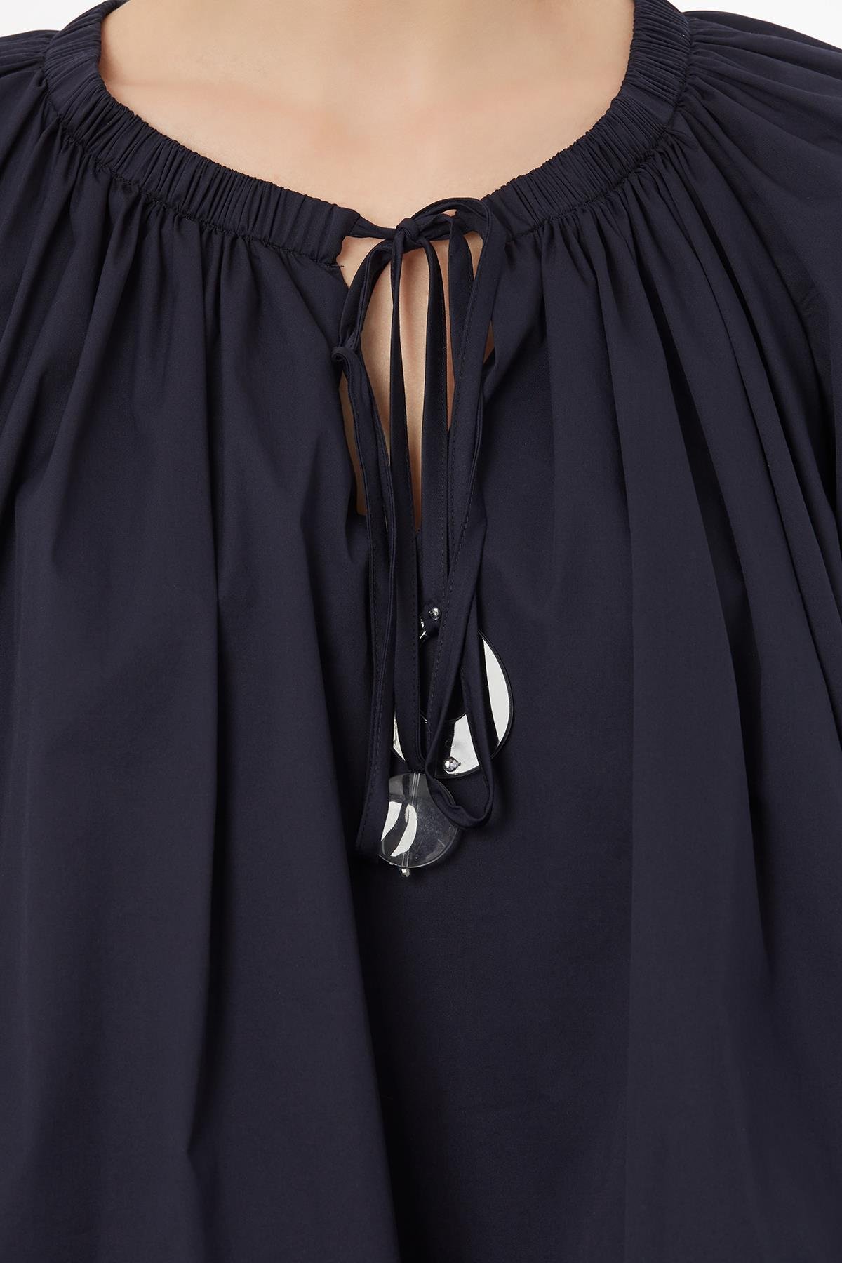Blue Round-Neck Balloon Sleeve Blouse