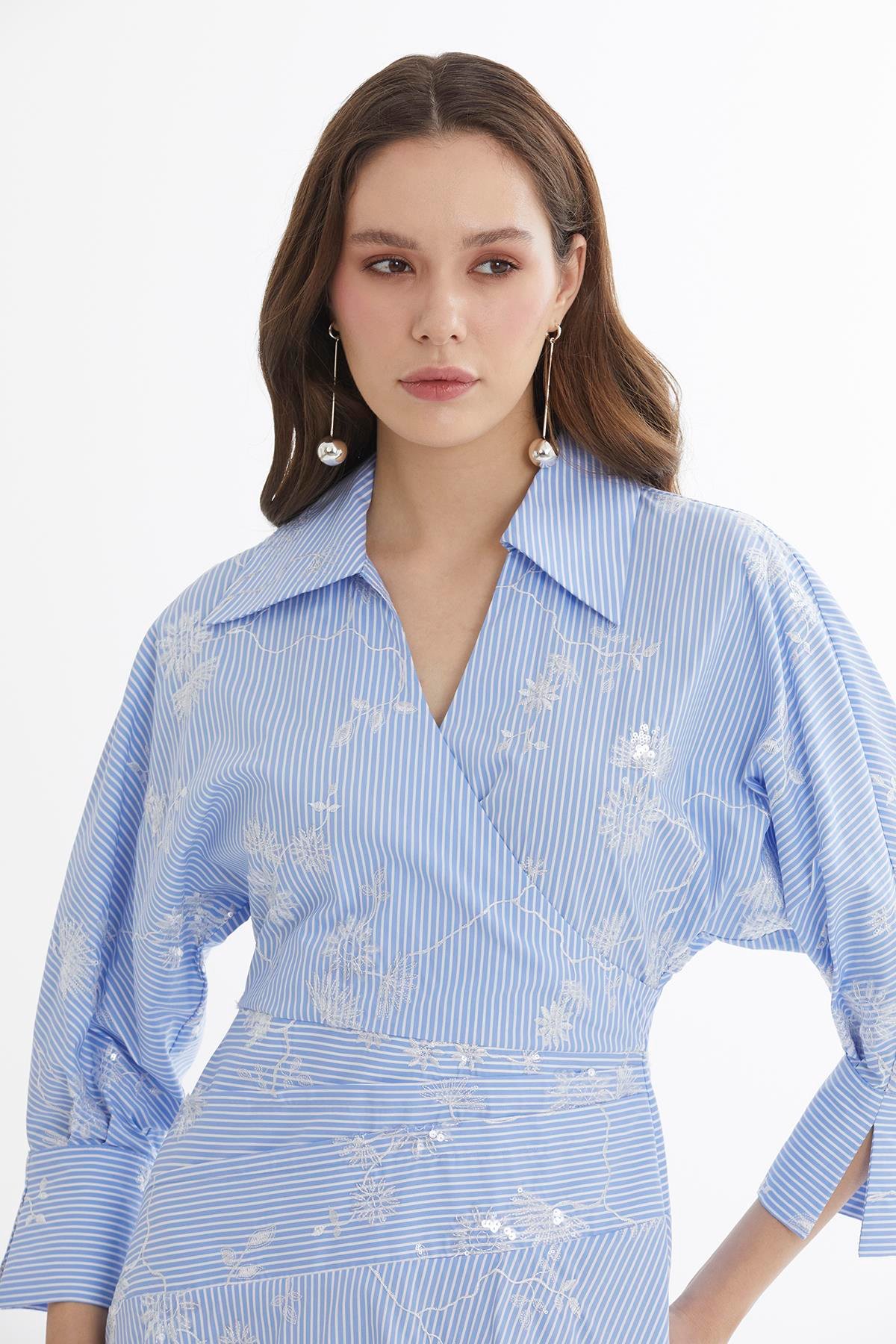 Blue Sequin Printed Midi Dress