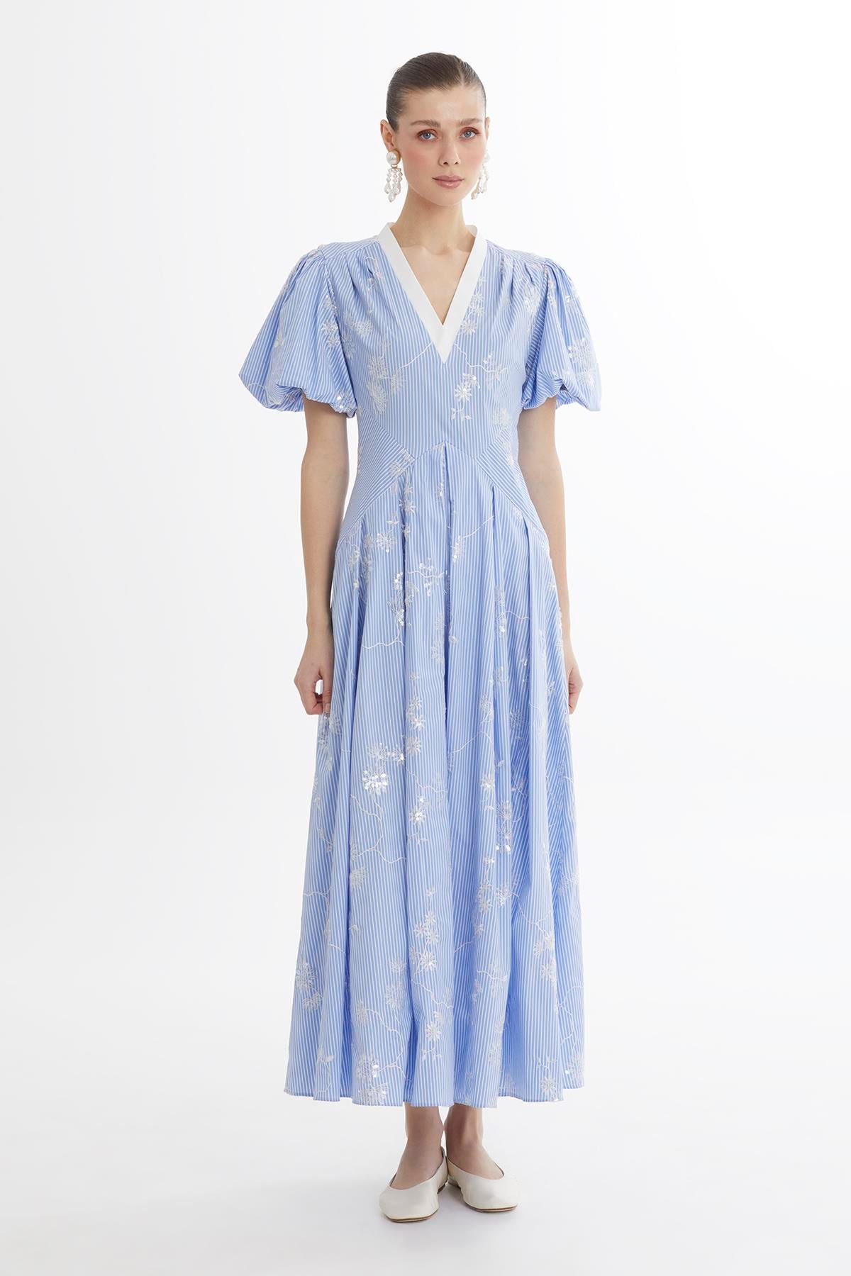 Blue V-Neck Puff Sleeve Dress