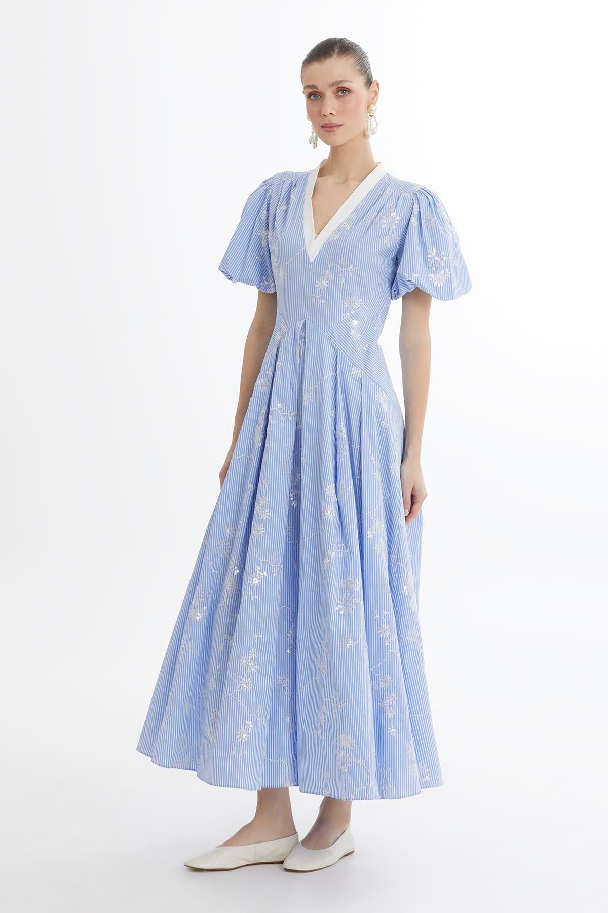 Blue V-Neck Puff Sleeve Dress