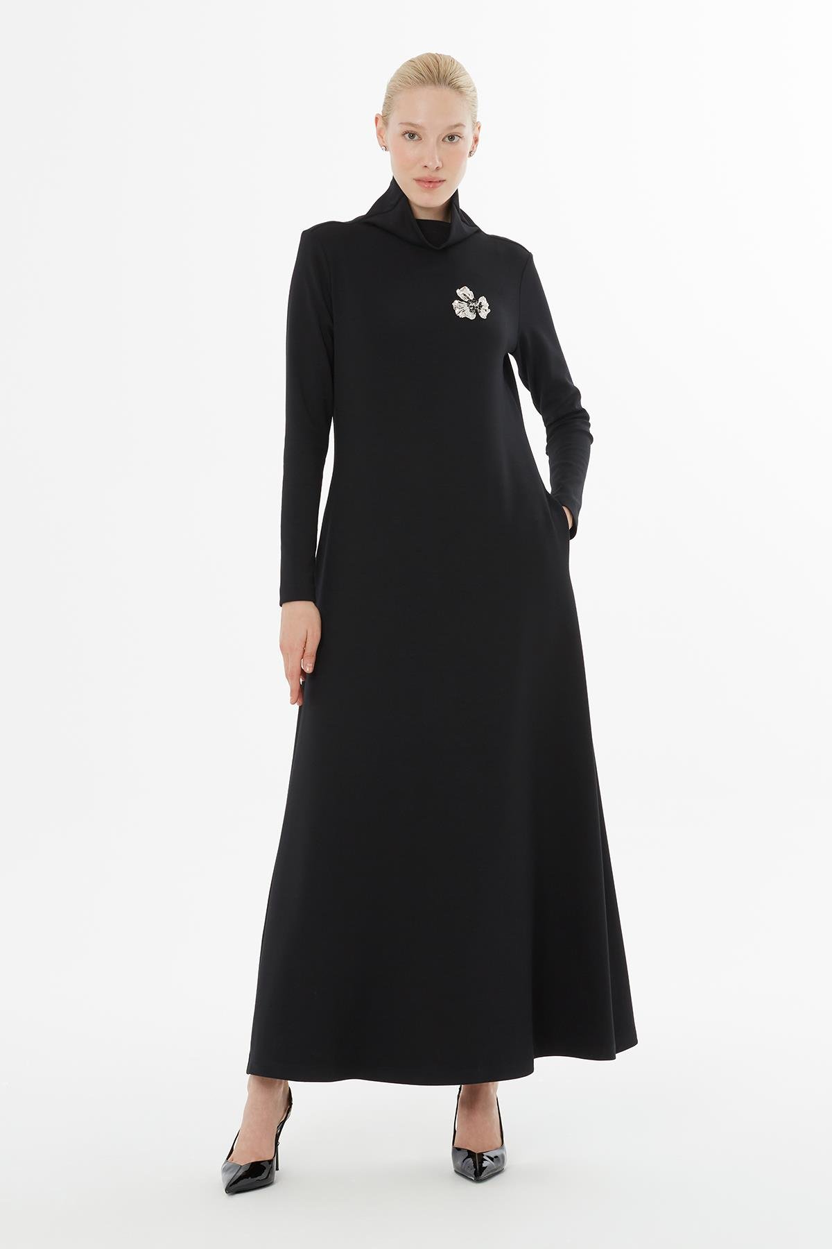 Long Black Dress with Brooch and Turtleneck