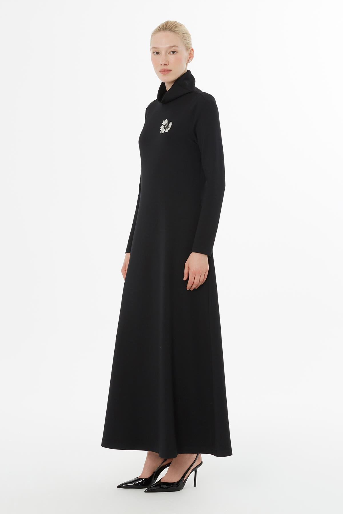 Long Black Dress with Brooch and Turtleneck