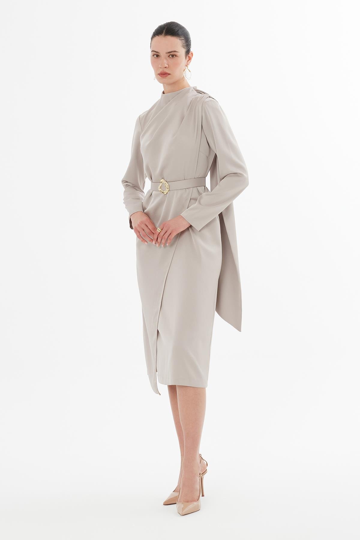 Taupe Midi Dress with Bolero Look and Belt