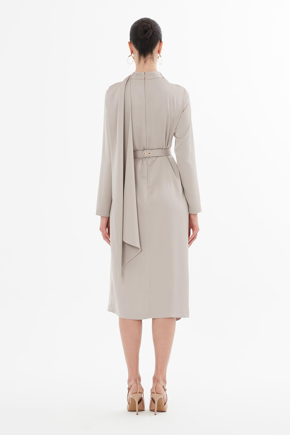 Taupe Midi Dress with Bolero Look and Belt