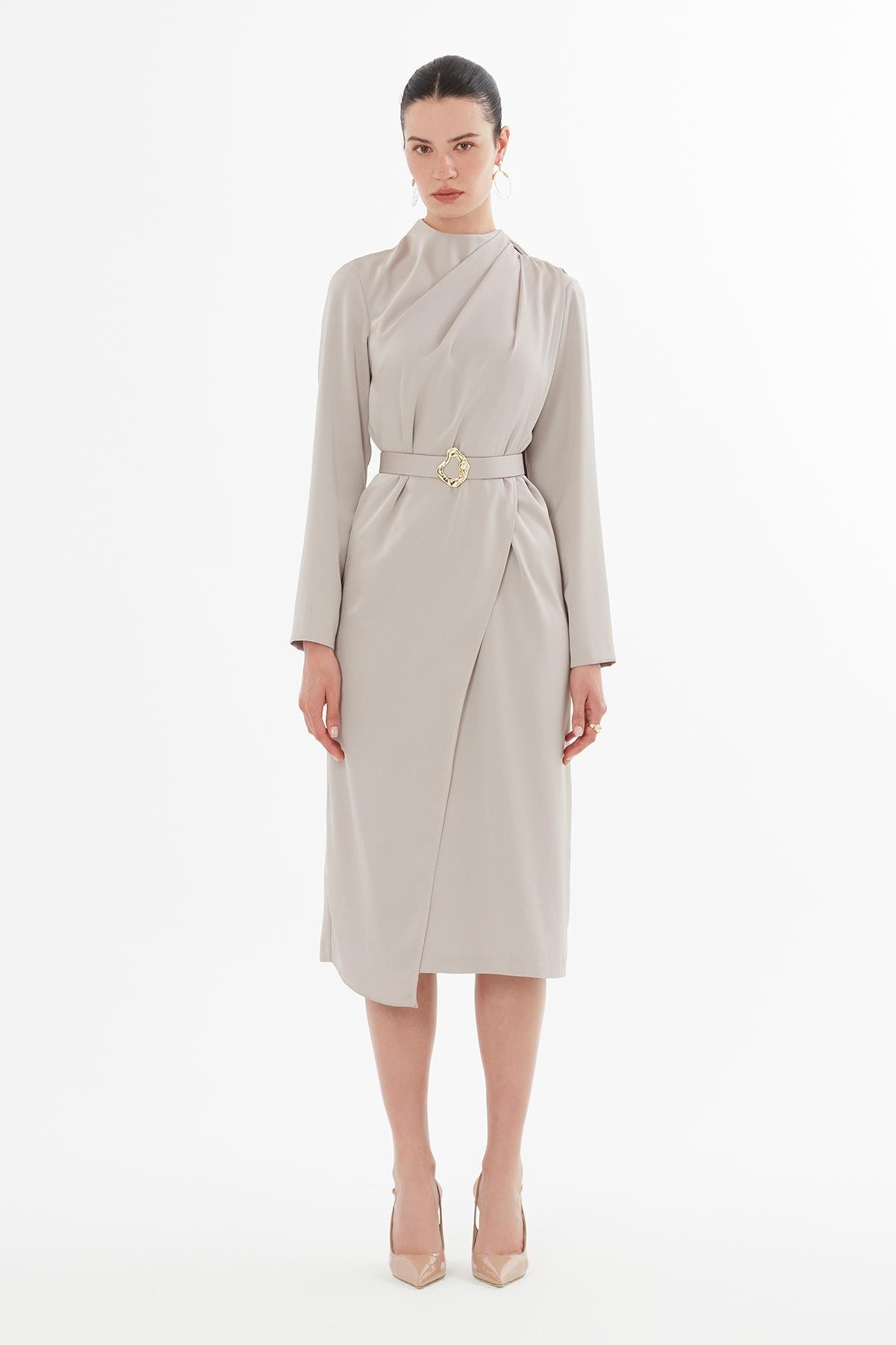 Taupe Midi Dress with Bolero Look and Belt