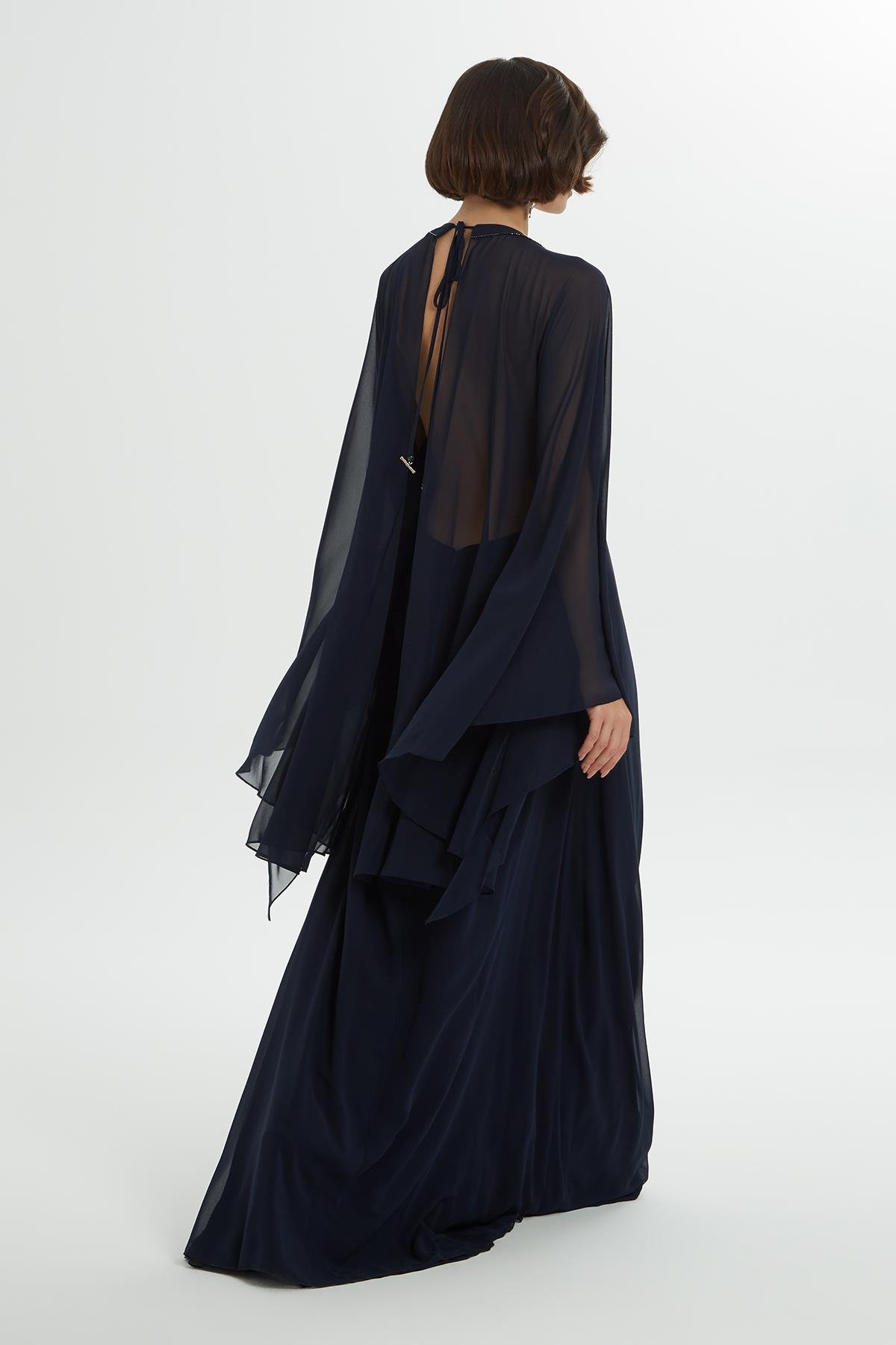 Boncuk İşlemeli Kolu Volanlı Astarlı Lacivert  Şifon Elbise