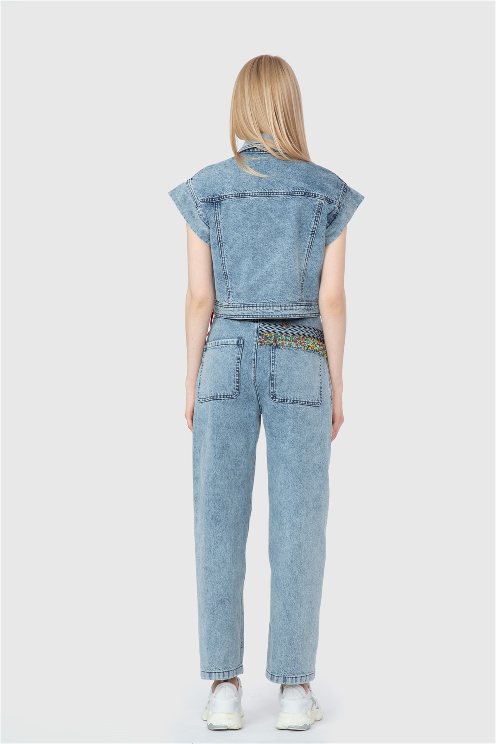 Beads And Ethnic Stripe Detailed Navy Blue Vest