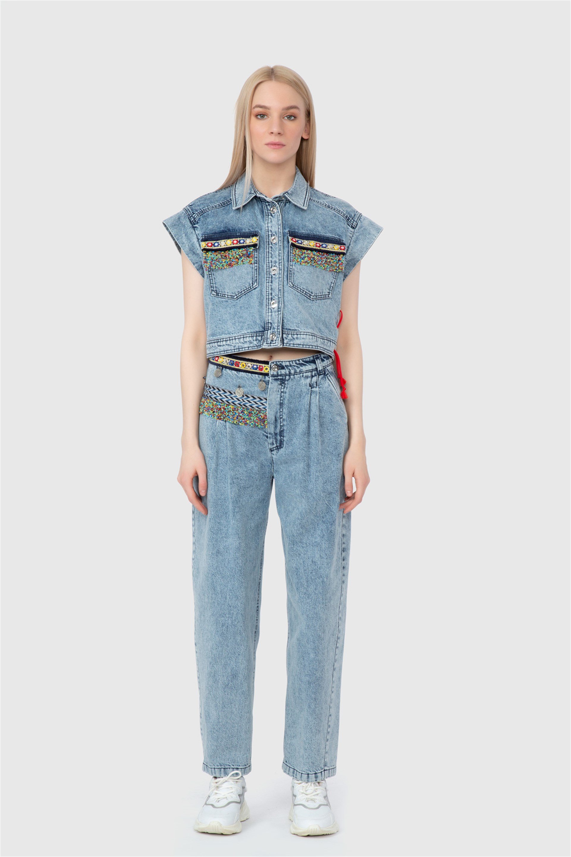 Beads And Ethnic Stripe Detailed Navy Blue Vest