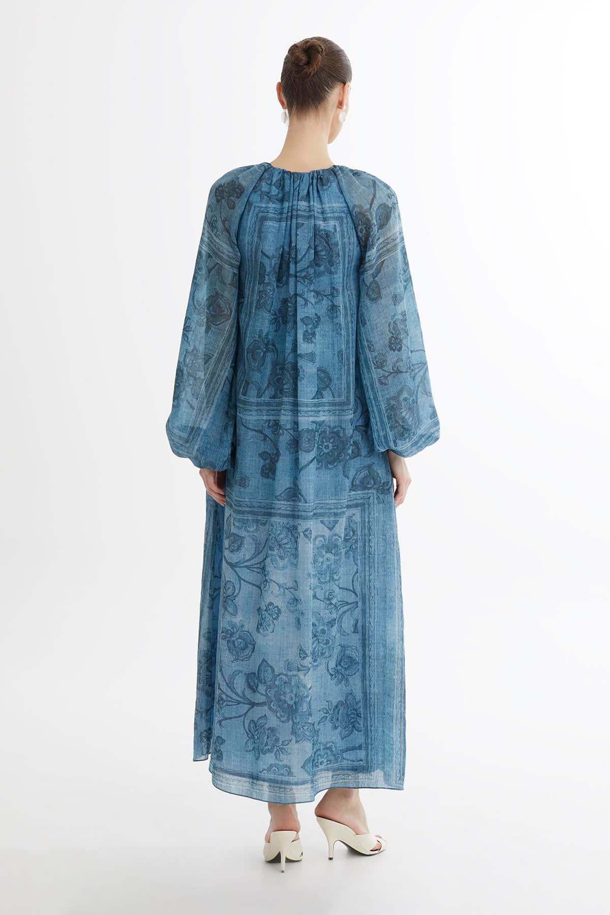 Beaded Puff Sleeve Printed Maxi Dress