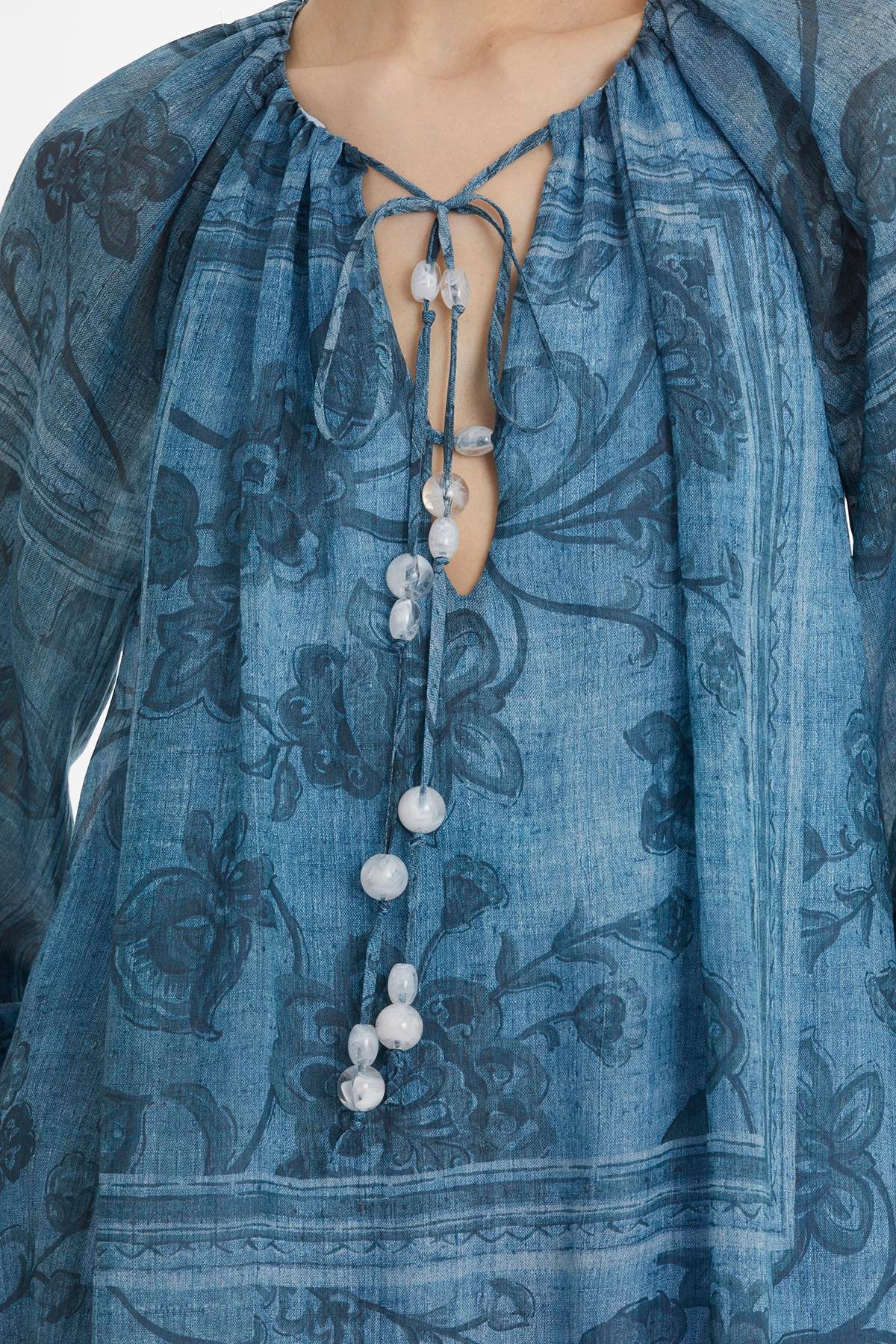 Beaded Puff Sleeve Printed Maxi Dress