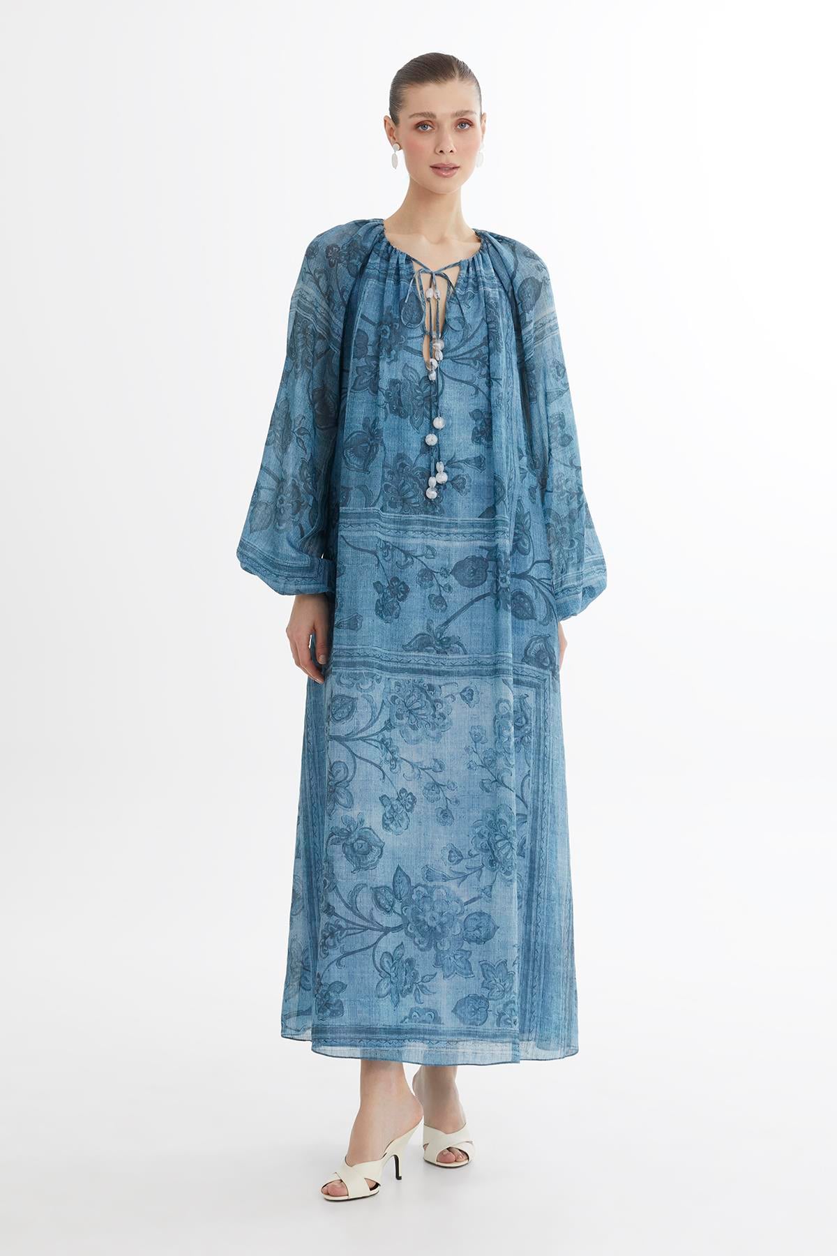 Beaded Puff Sleeve Printed Maxi Dress