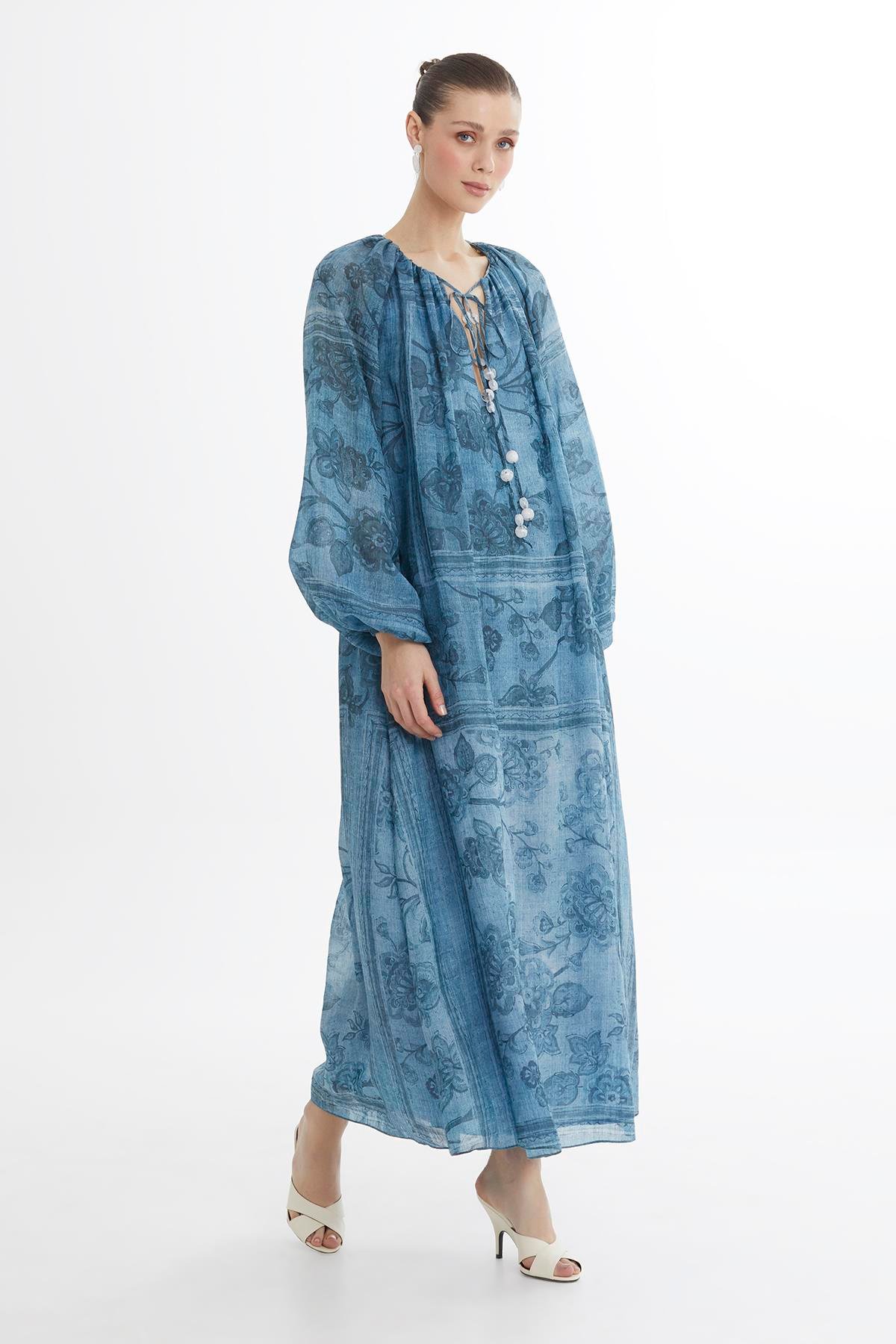 Beaded Puff Sleeve Printed Maxi Dress
