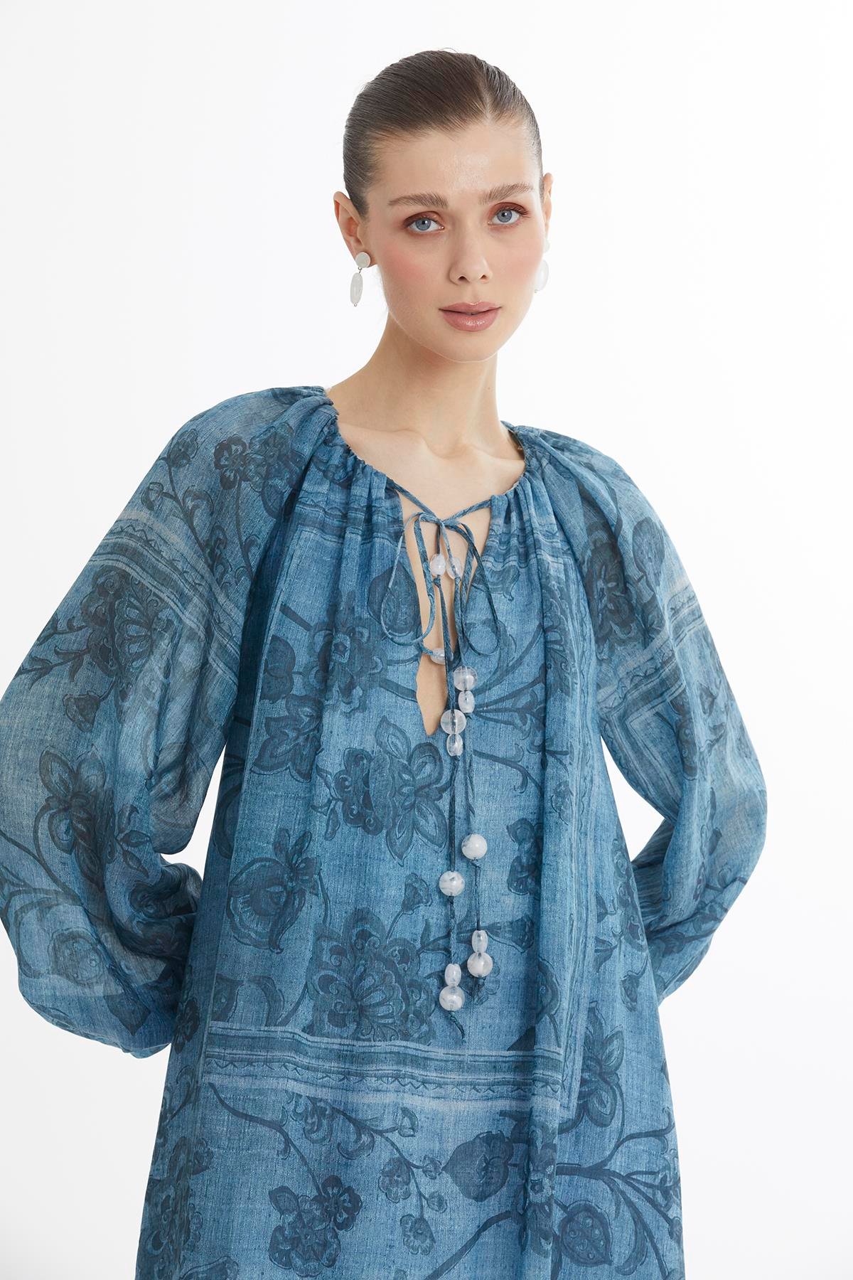 Beaded Puff Sleeve Printed Maxi Dress