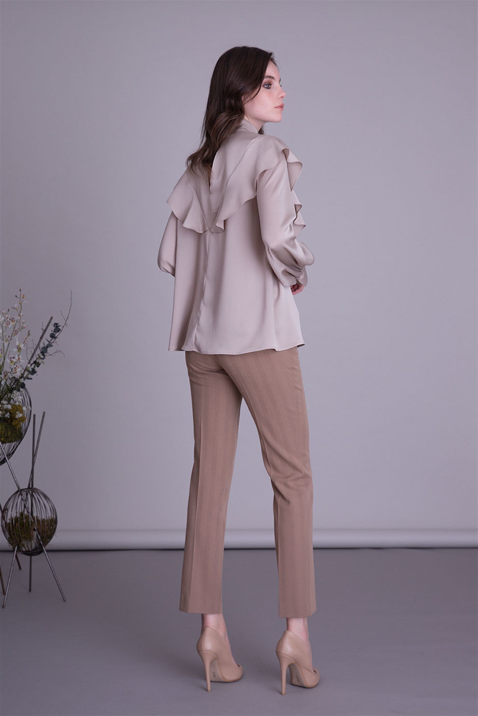 Pile Leg Beige Fabric Trousers
