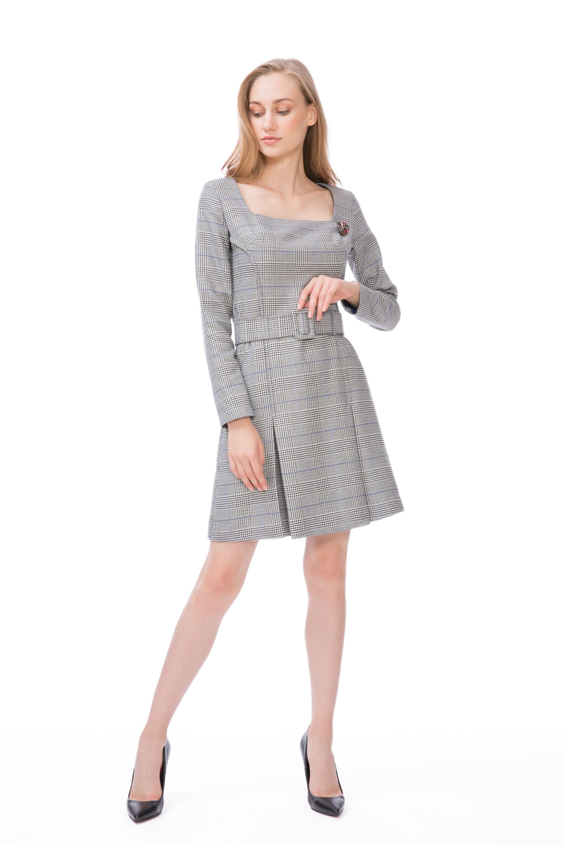 Square Collar Saffron Plaid Dress With Brooch