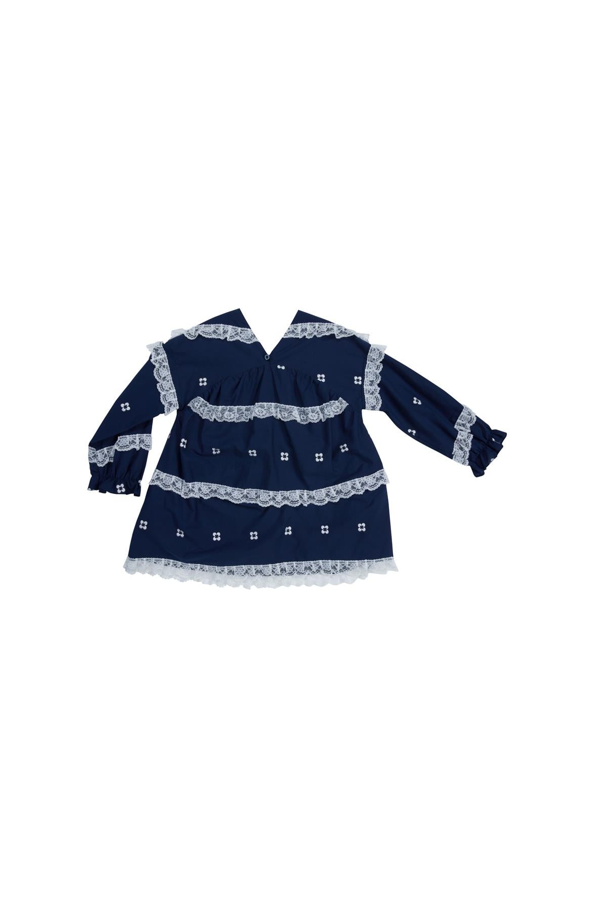 Navy Blue Dress With Ruched Detail, Lace, And Embroidery