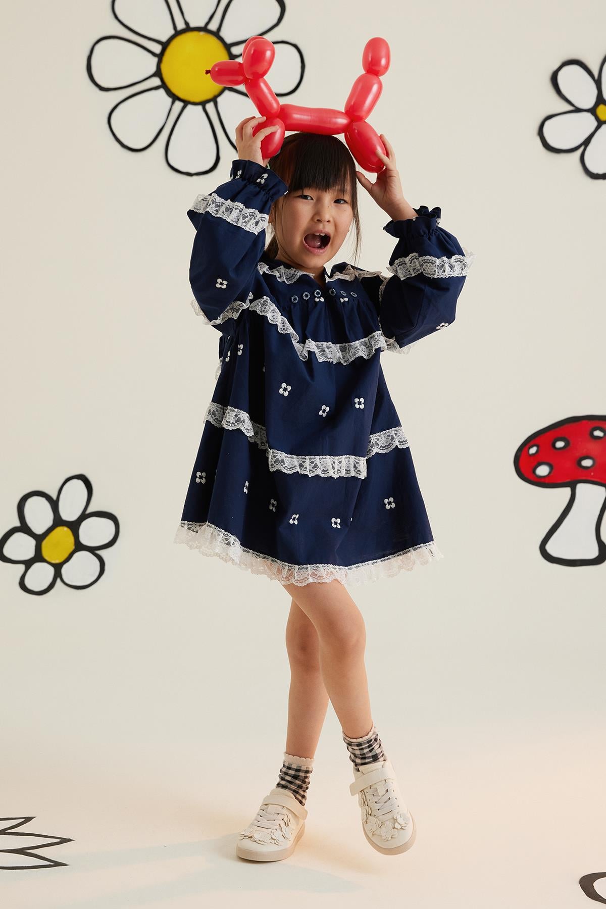 Navy Blue Dress With Ruched Detail, Lace, And Embroidery