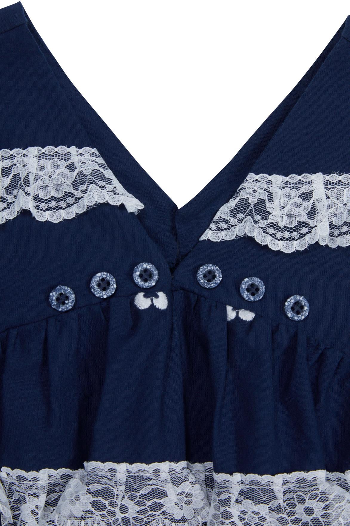 Navy Blue Dress With Ruched Detail, Lace, And Embroidery