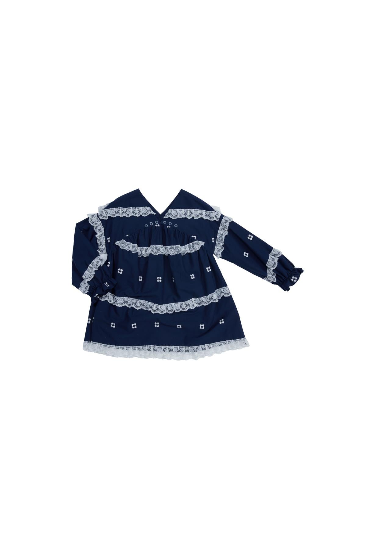 Navy Blue Dress With Ruched Detail, Lace, And Embroidery