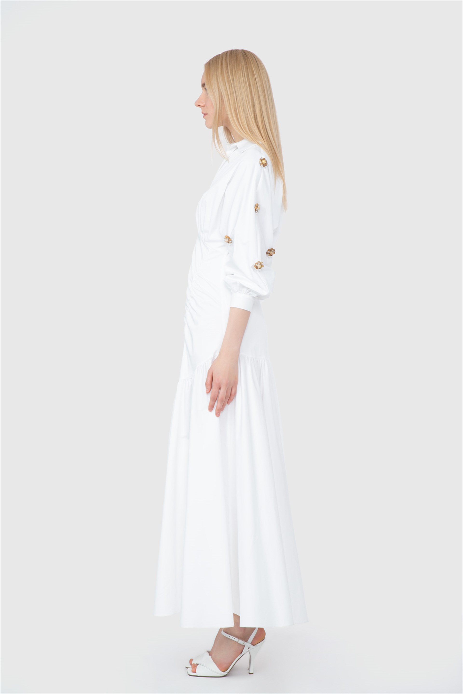 Pleated Asymmetrical Cup Sleeves Embroidered White Dress