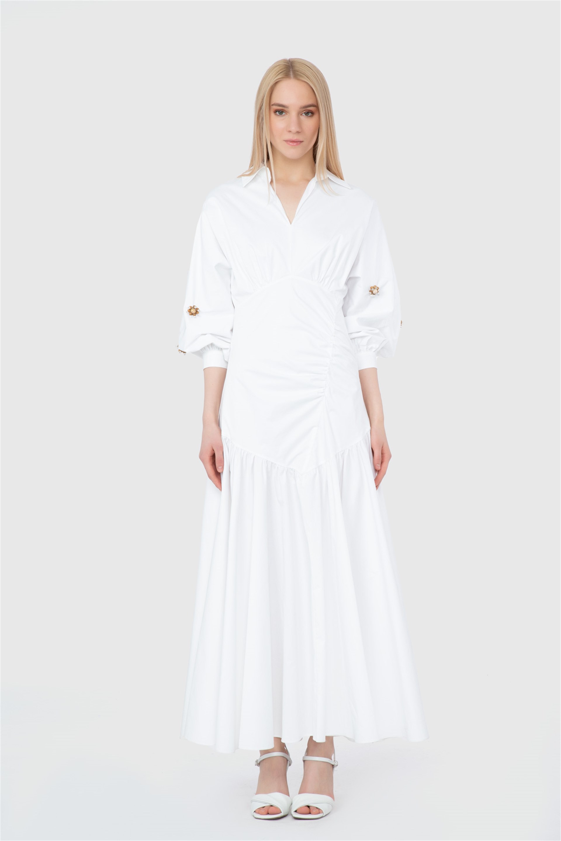 Pleated Asymmetrical Cup Sleeves Embroidered White Dress
