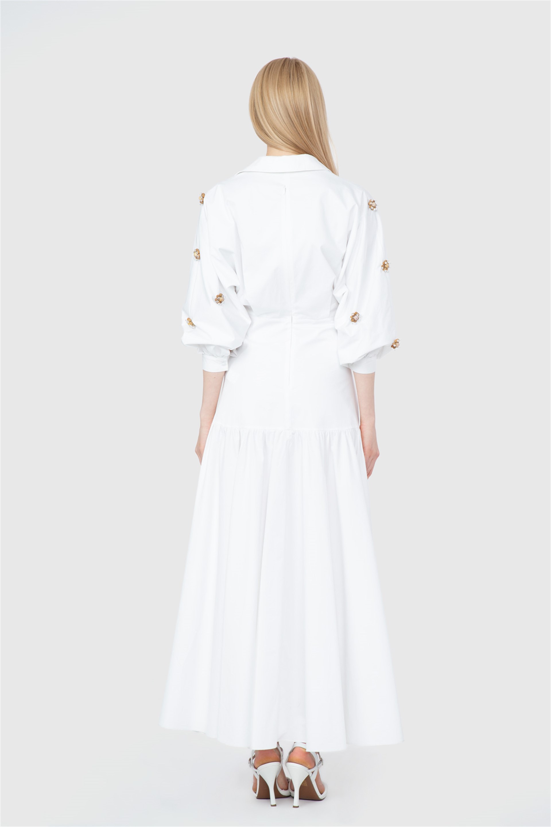 Pleated Asymmetrical Cup Sleeves Embroidered White Dress