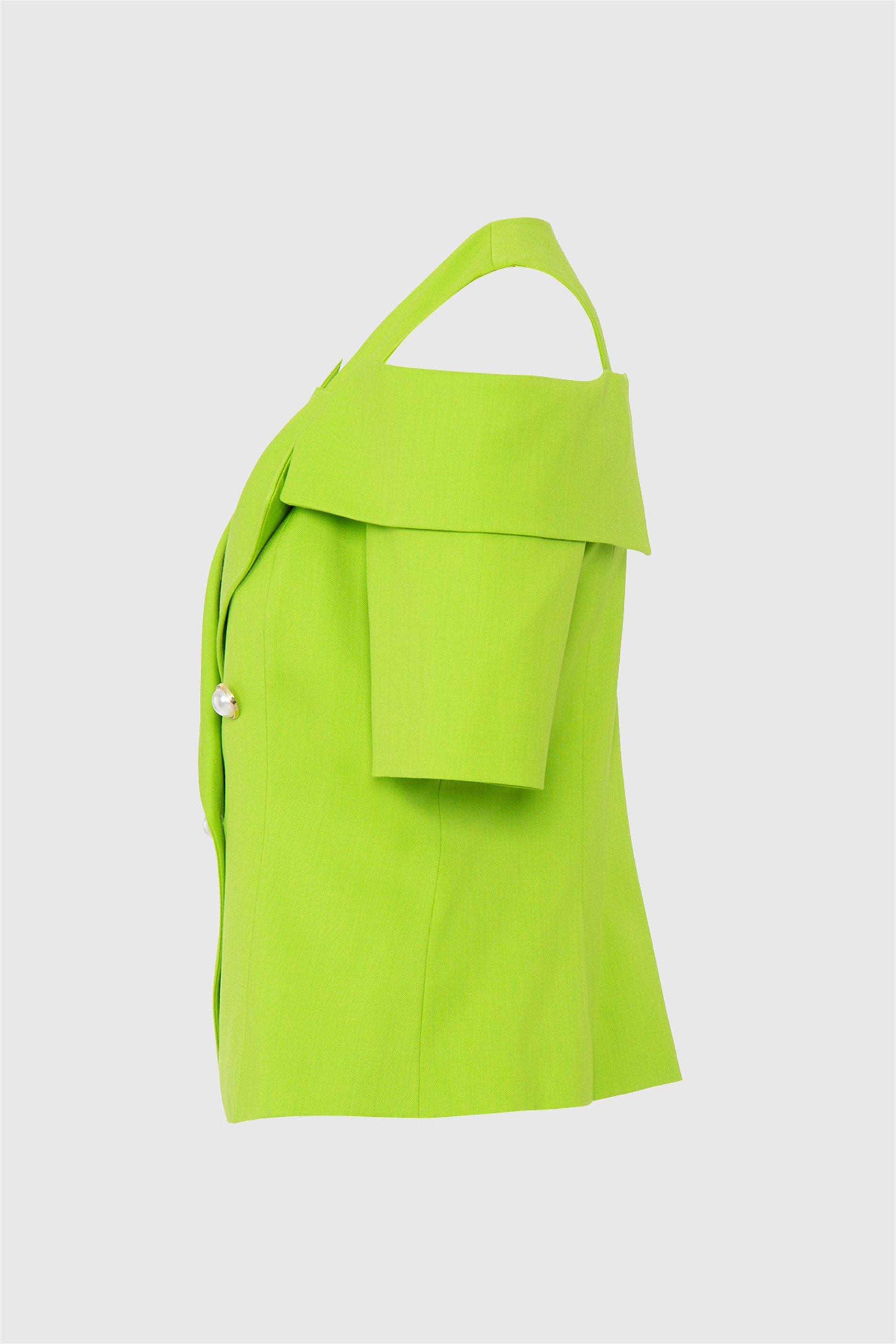 Cat Out Shoulder And Collar Detailed Thin Button Green Top