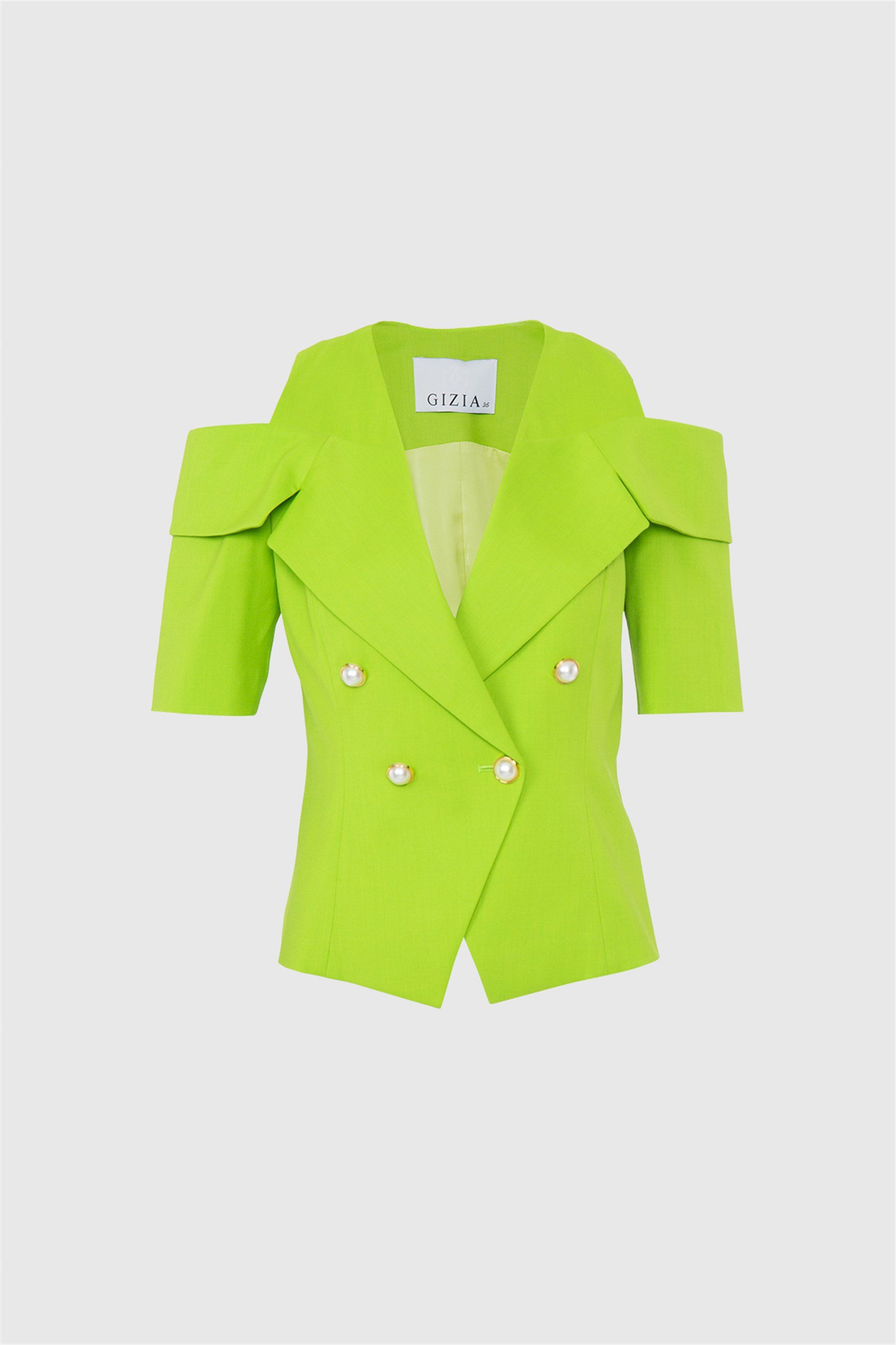 Cat Out Shoulder And Collar Detailed Thin Button Green Top