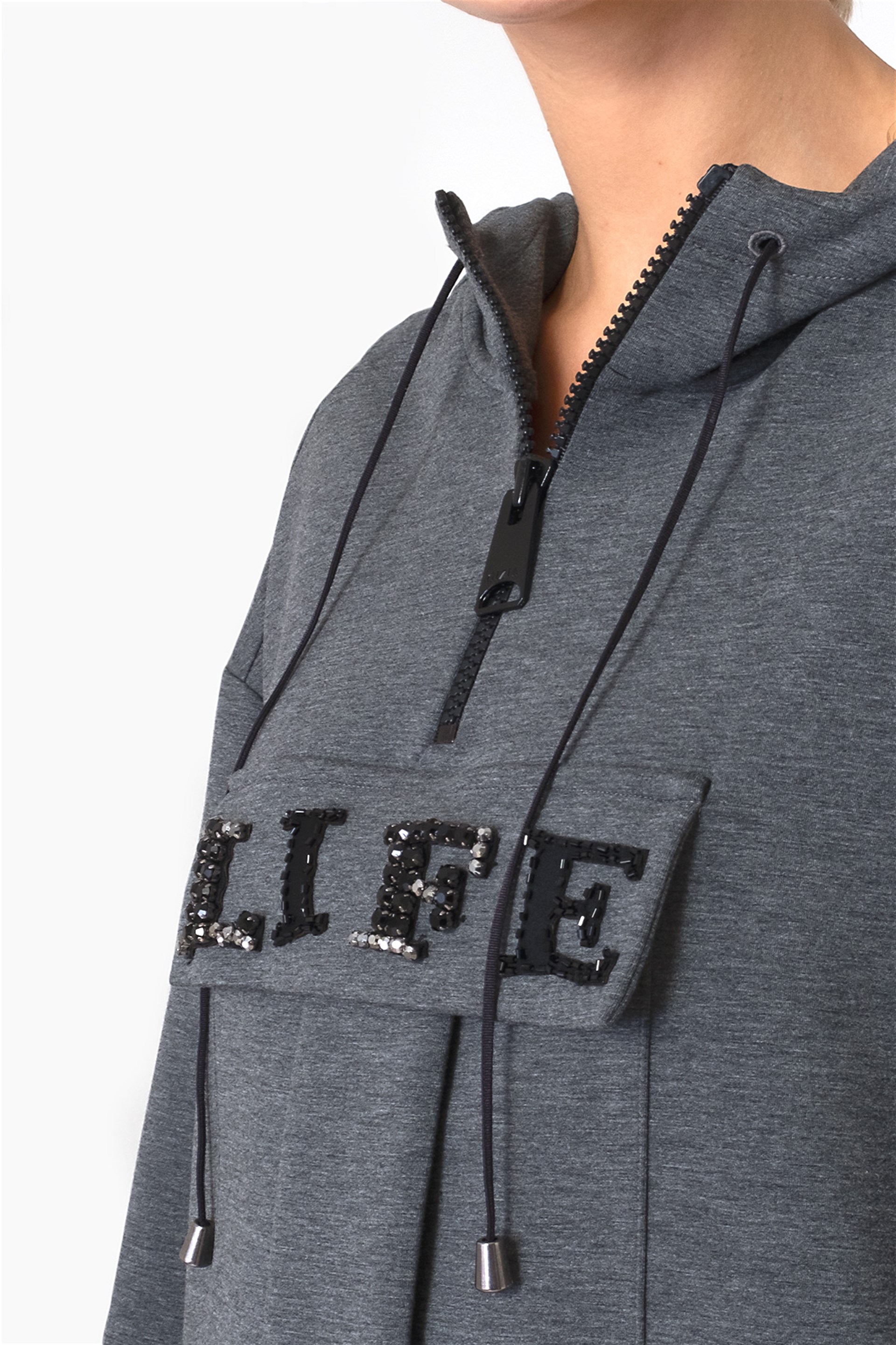 Cep Detaylı Kapüşonlu Gri Sweatshirt