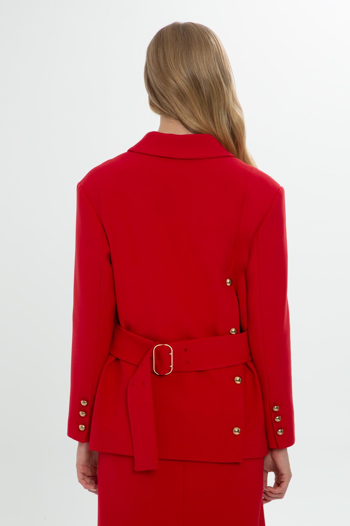 Cepleri Gold Aksesuar Detaylı Kırmızı Kruvaze Ceket