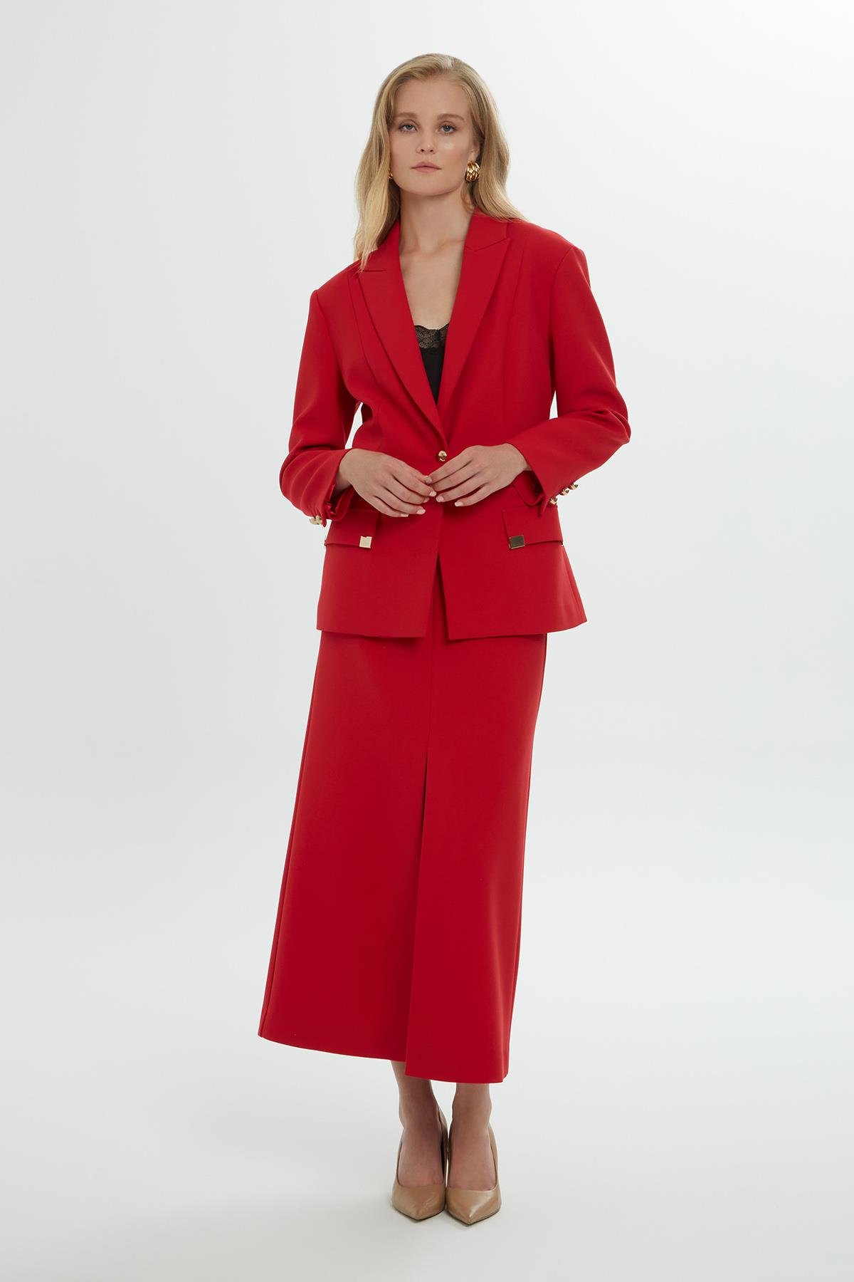 Cepleri Gold Aksesuar Detaylı Kırmızı Kruvaze Ceket