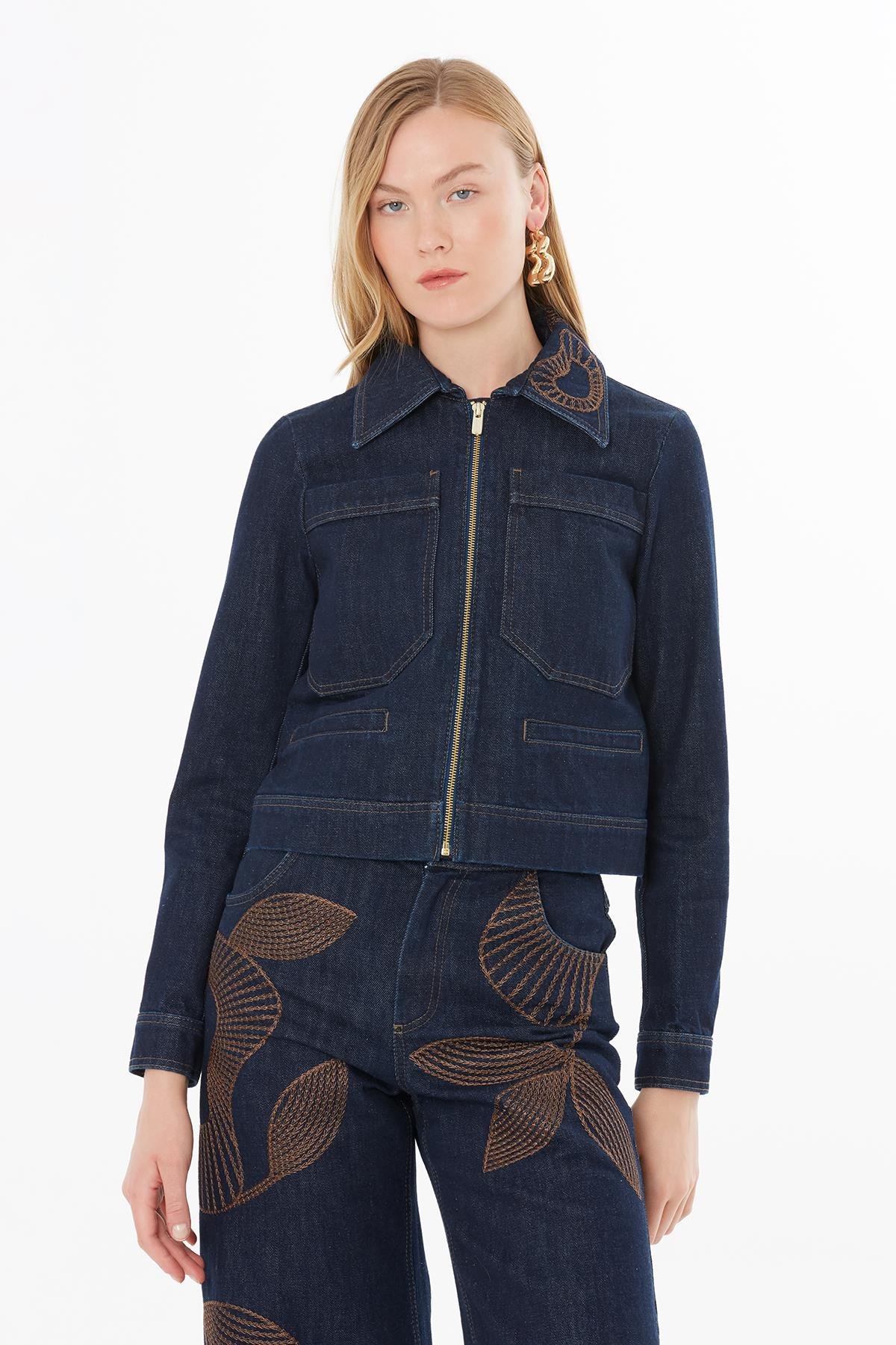 Dark Blue Denim Jacket with Pockets