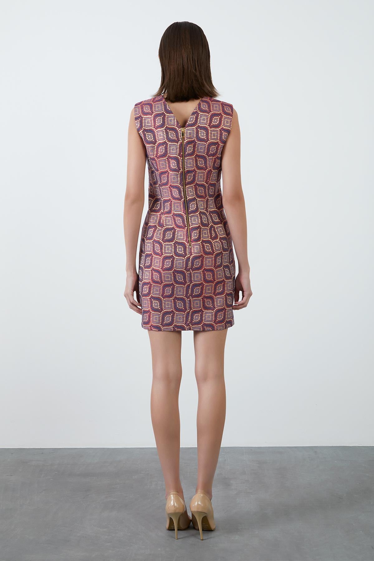 Pink Jacquard Dress with Flower Brooch Detail