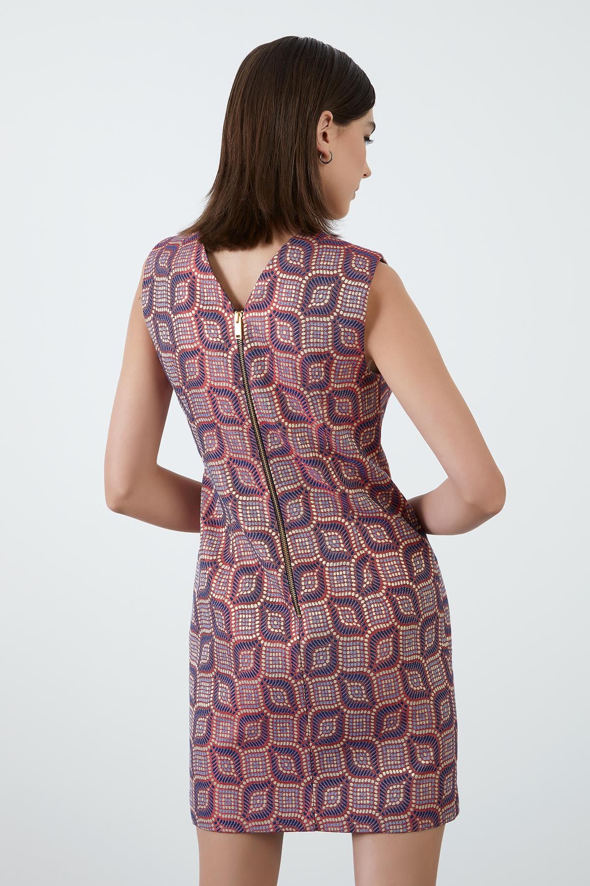 Pink Jacquard Dress with Flower Brooch Detail