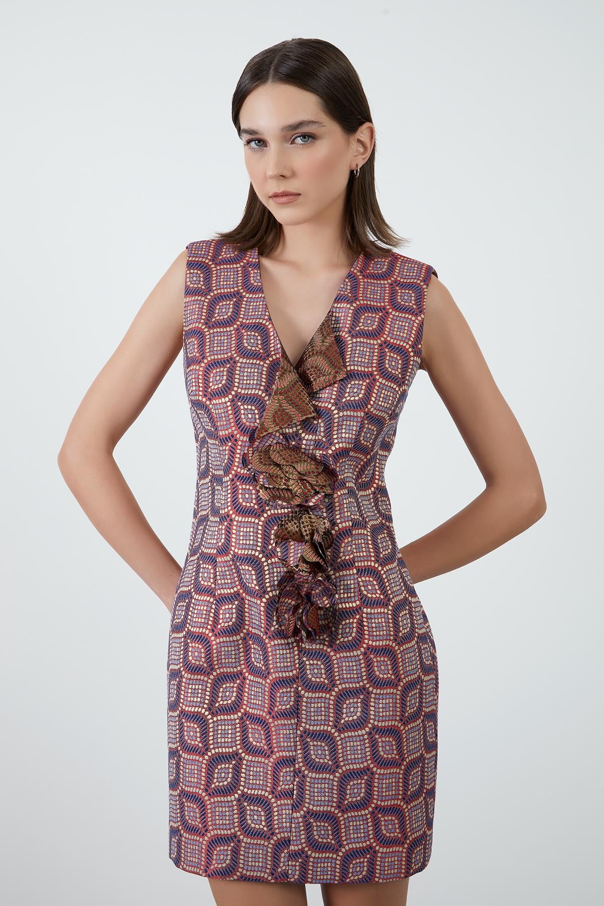 Pink Jacquard Dress with Flower Brooch Detail
