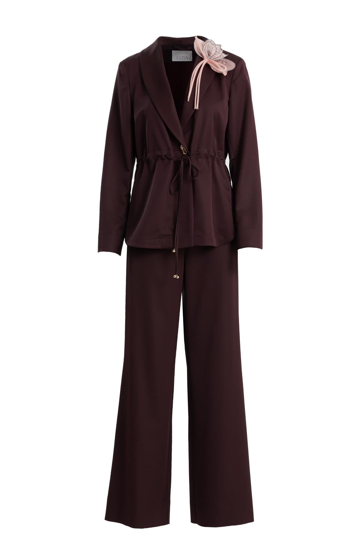 Purple Floral Brooch Detail Blazer and Pants Set