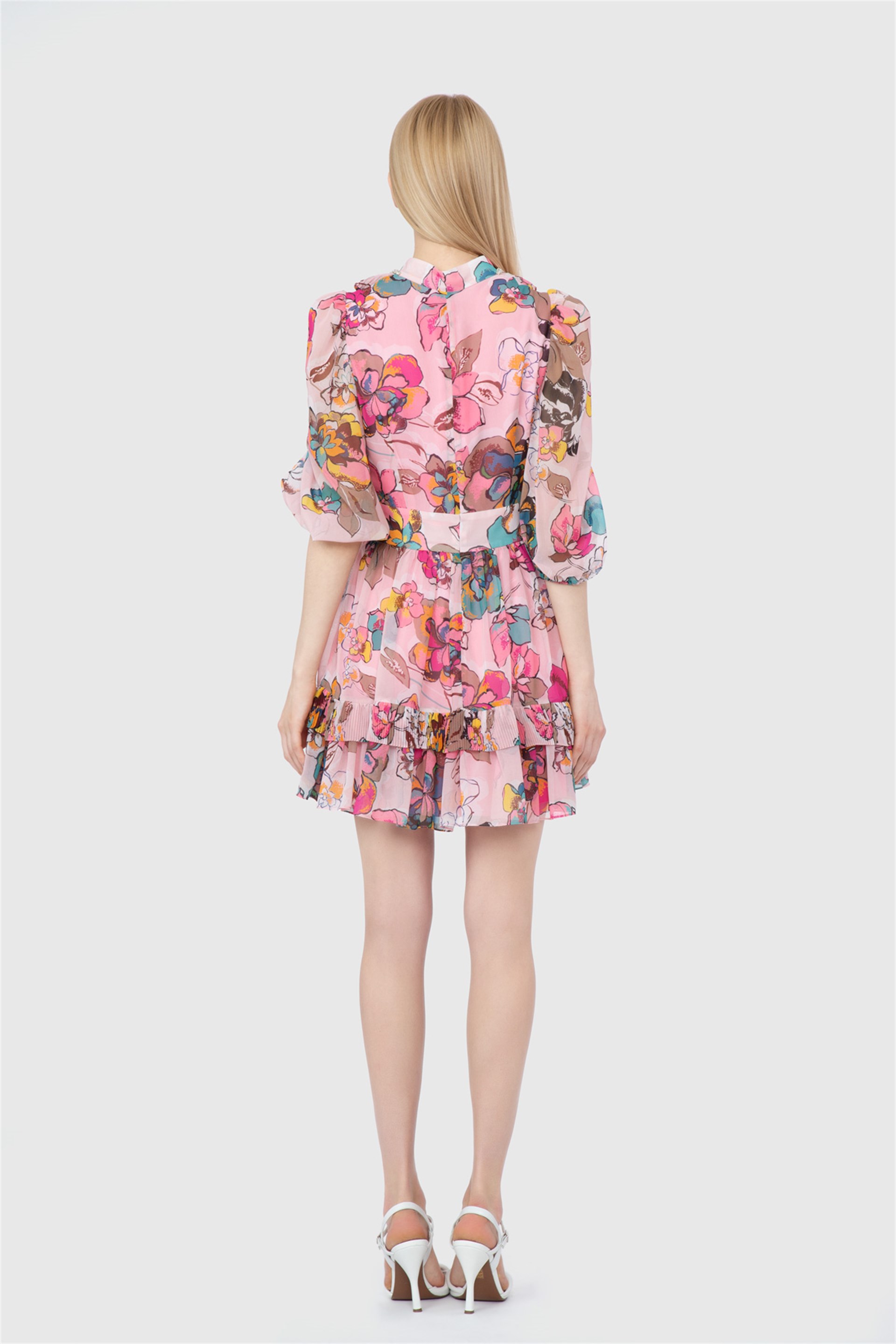 Floral Patterned Long Dress With Pleated Waist