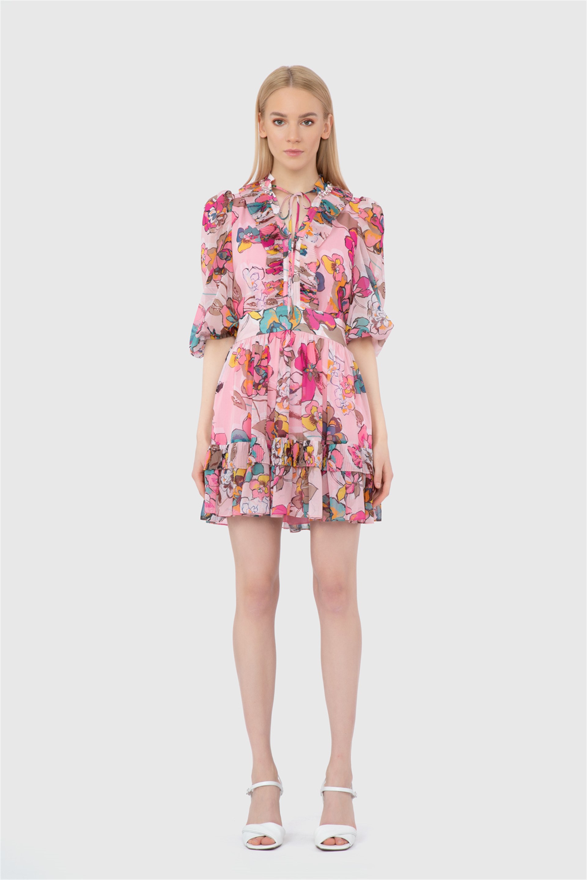 Floral Patterned Long Dress With Pleated Waist