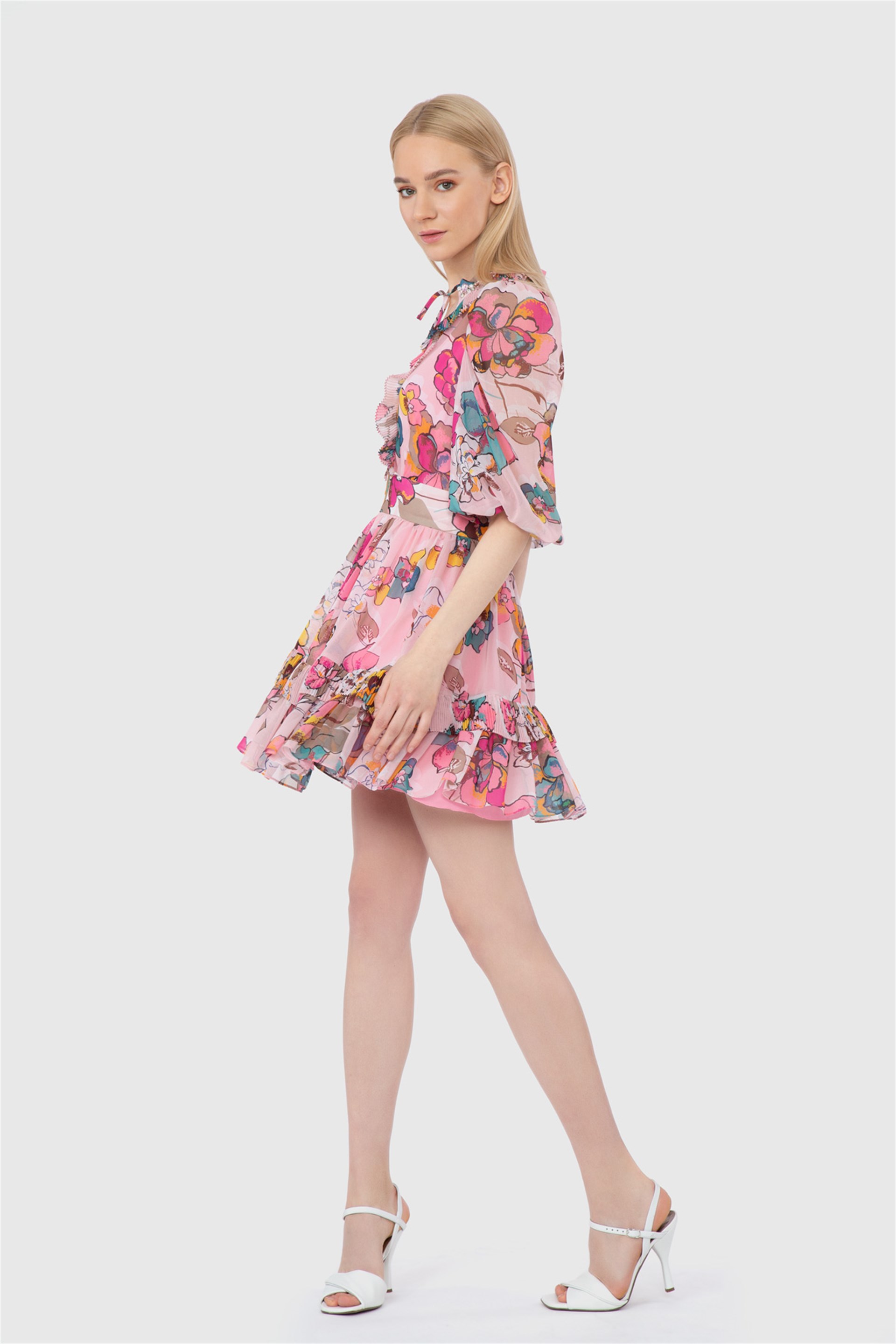 Floral Patterned Long Dress With Pleated Waist