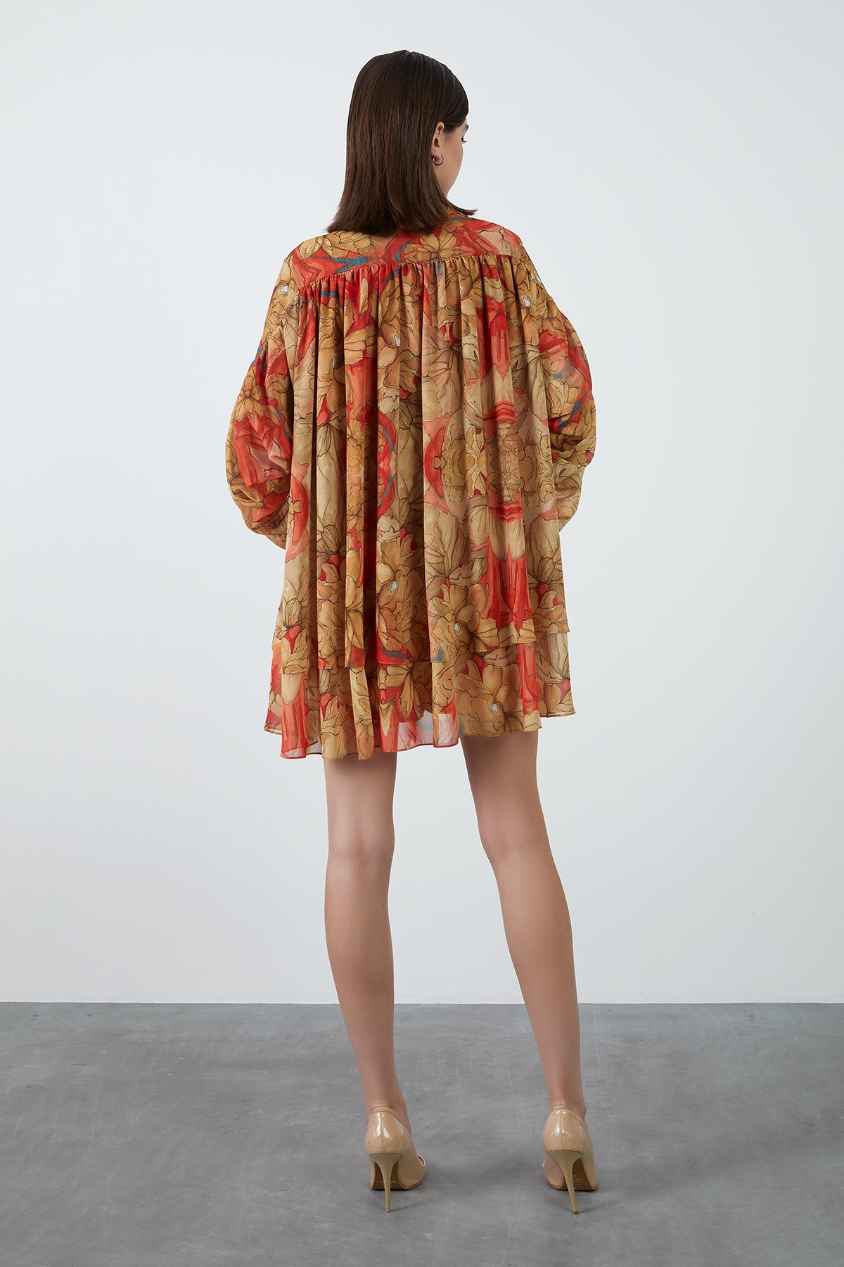 Beige Chiffon Mini Dress with Flower Pattern