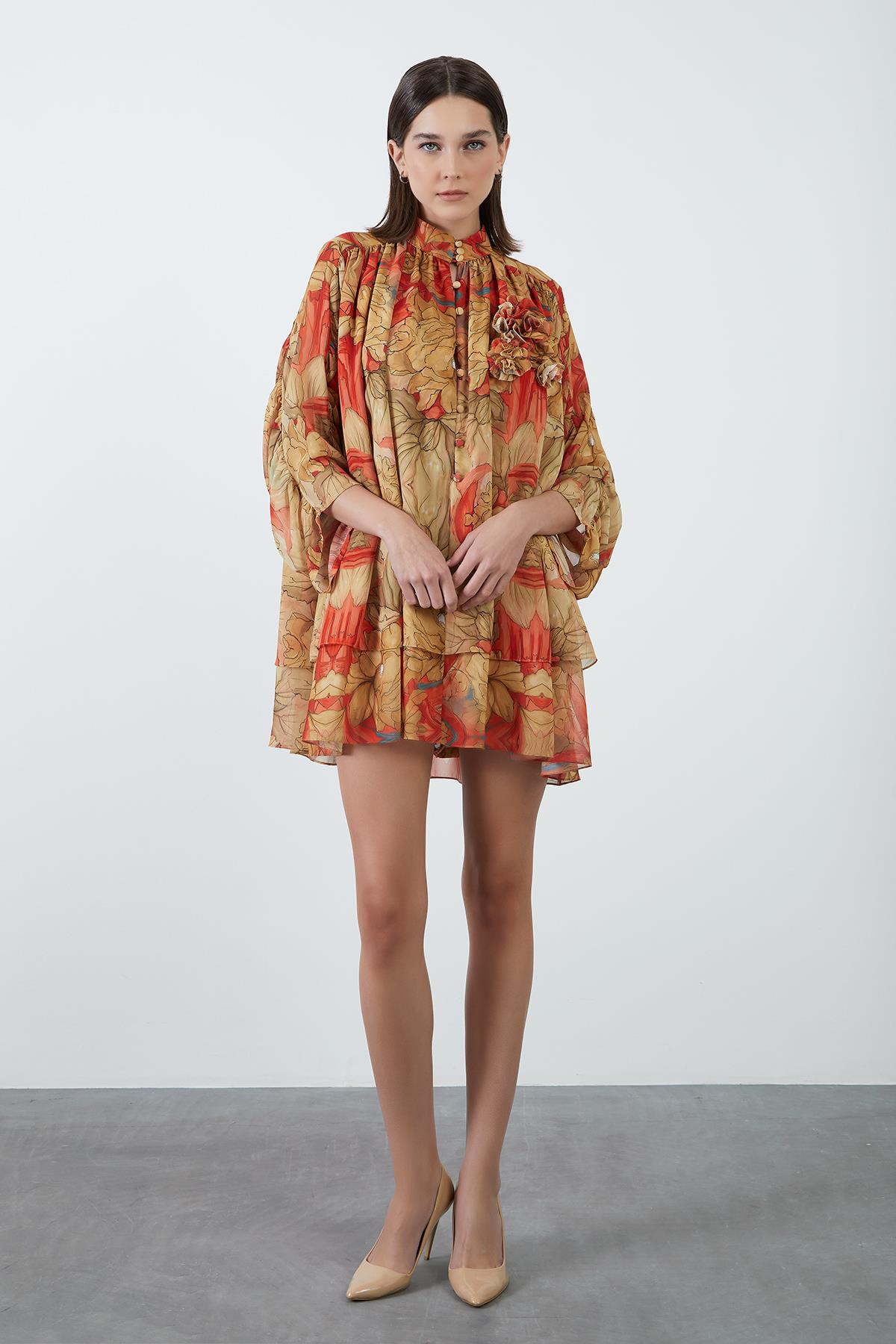 Beige Chiffon Mini Dress with Flower Pattern